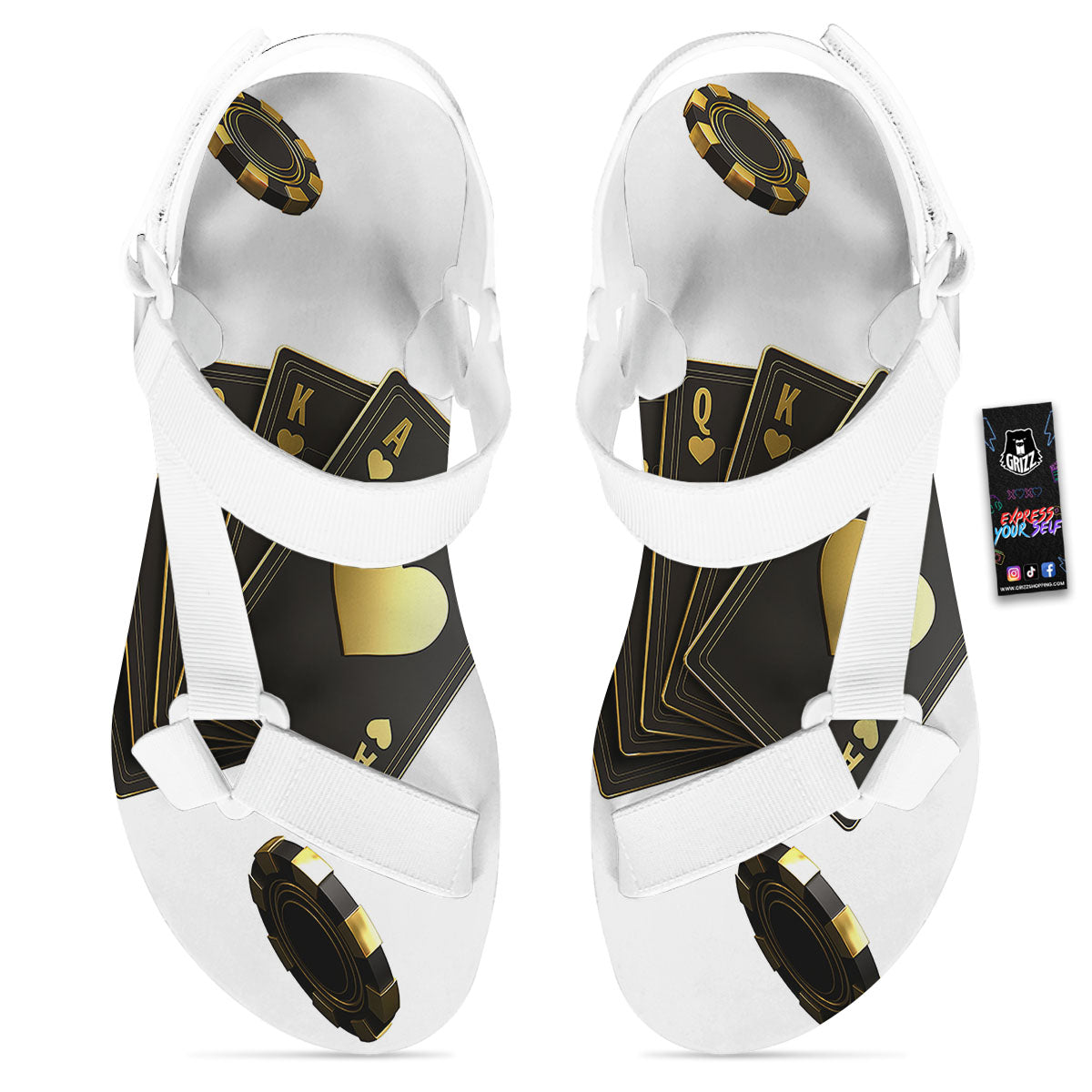 Poker Cards Print White Open Toe Sandals-grizzshop