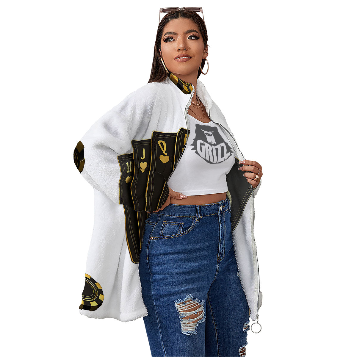 Poker Cards Print Women's Sherpa Jacket-grizzshop
