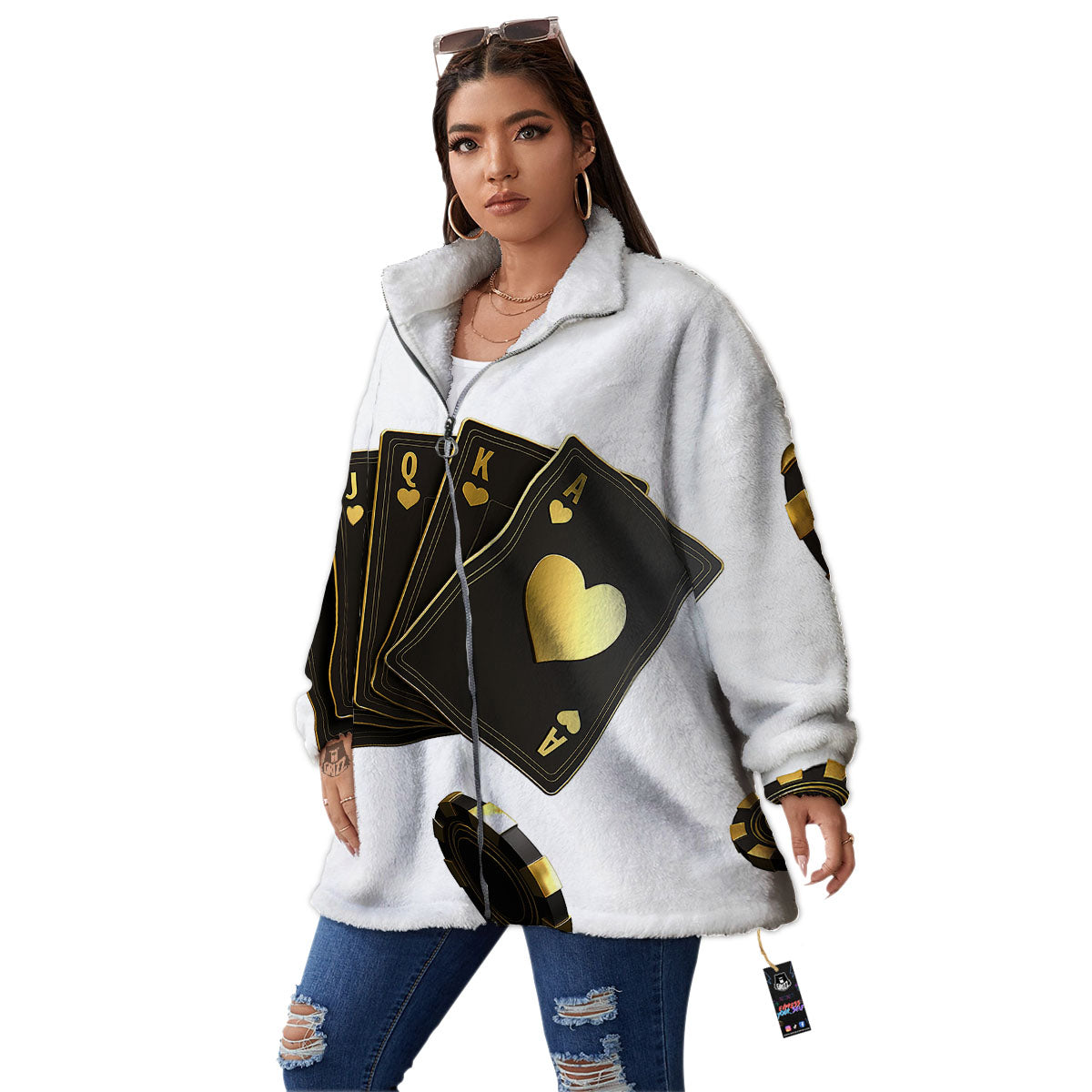 Poker Cards Print Women's Sherpa Jacket-grizzshop