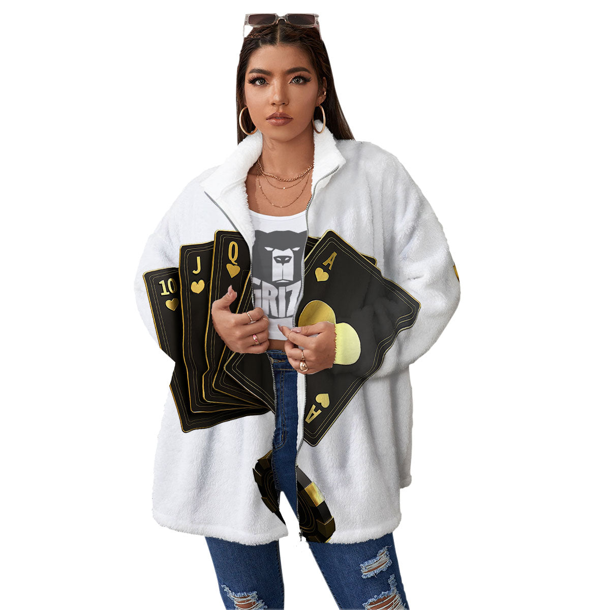 Poker Cards Print Women's Sherpa Jacket-grizzshop