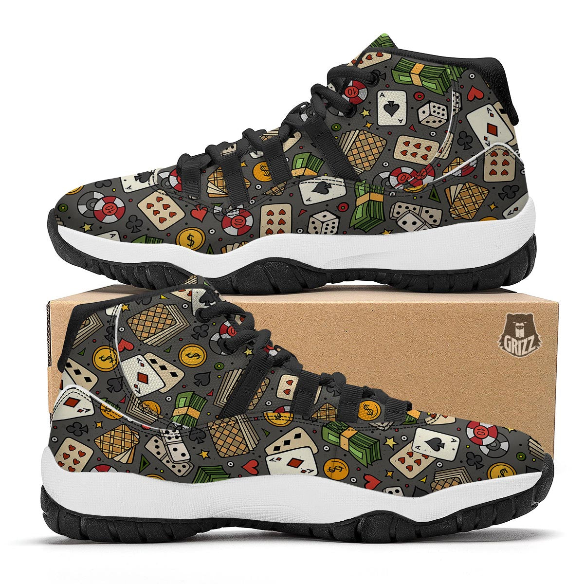 Poker Casino Pattern Print Black Bball Shoes-grizzshop