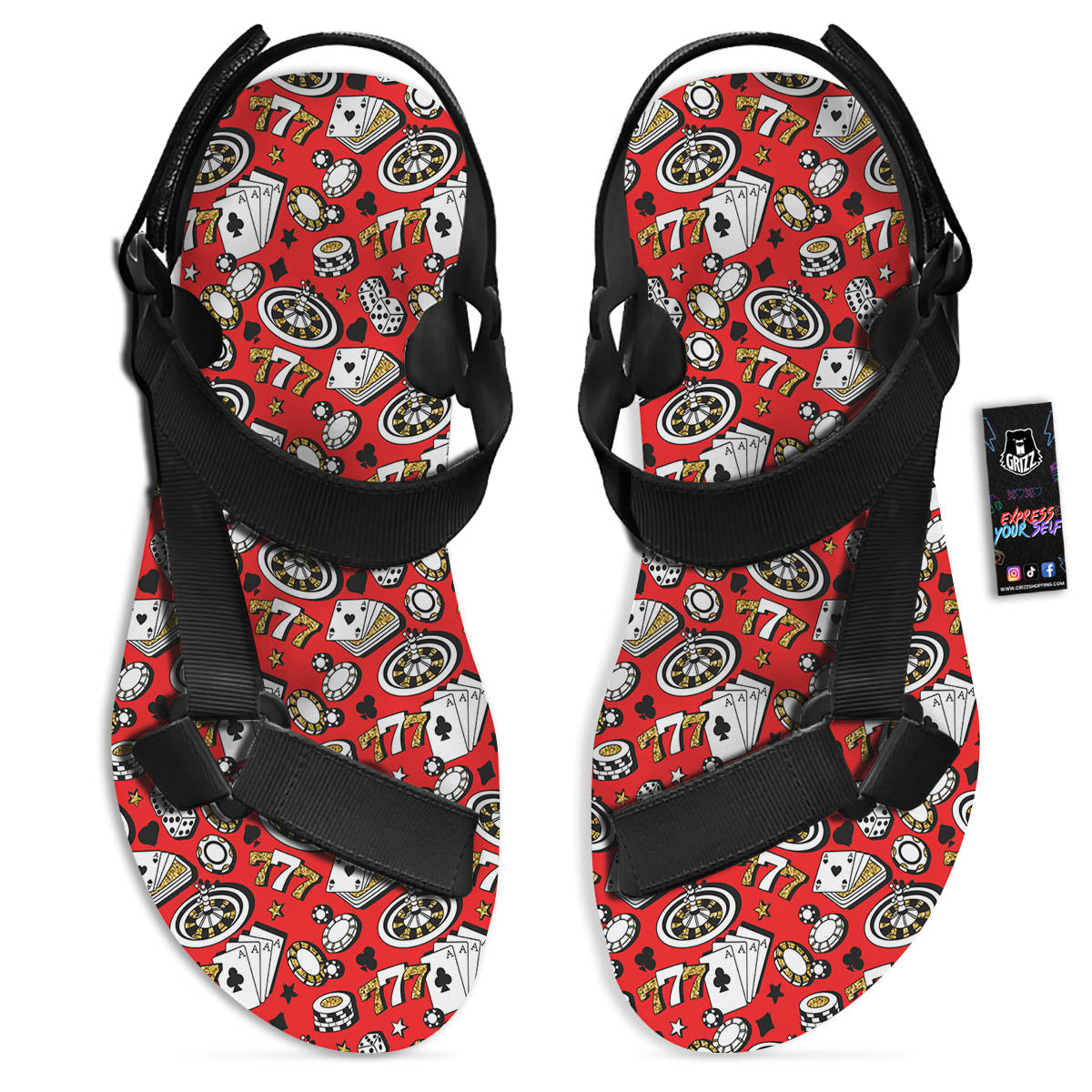 Poker Casino Print Pattern Black Open Toe Sandals-grizzshop