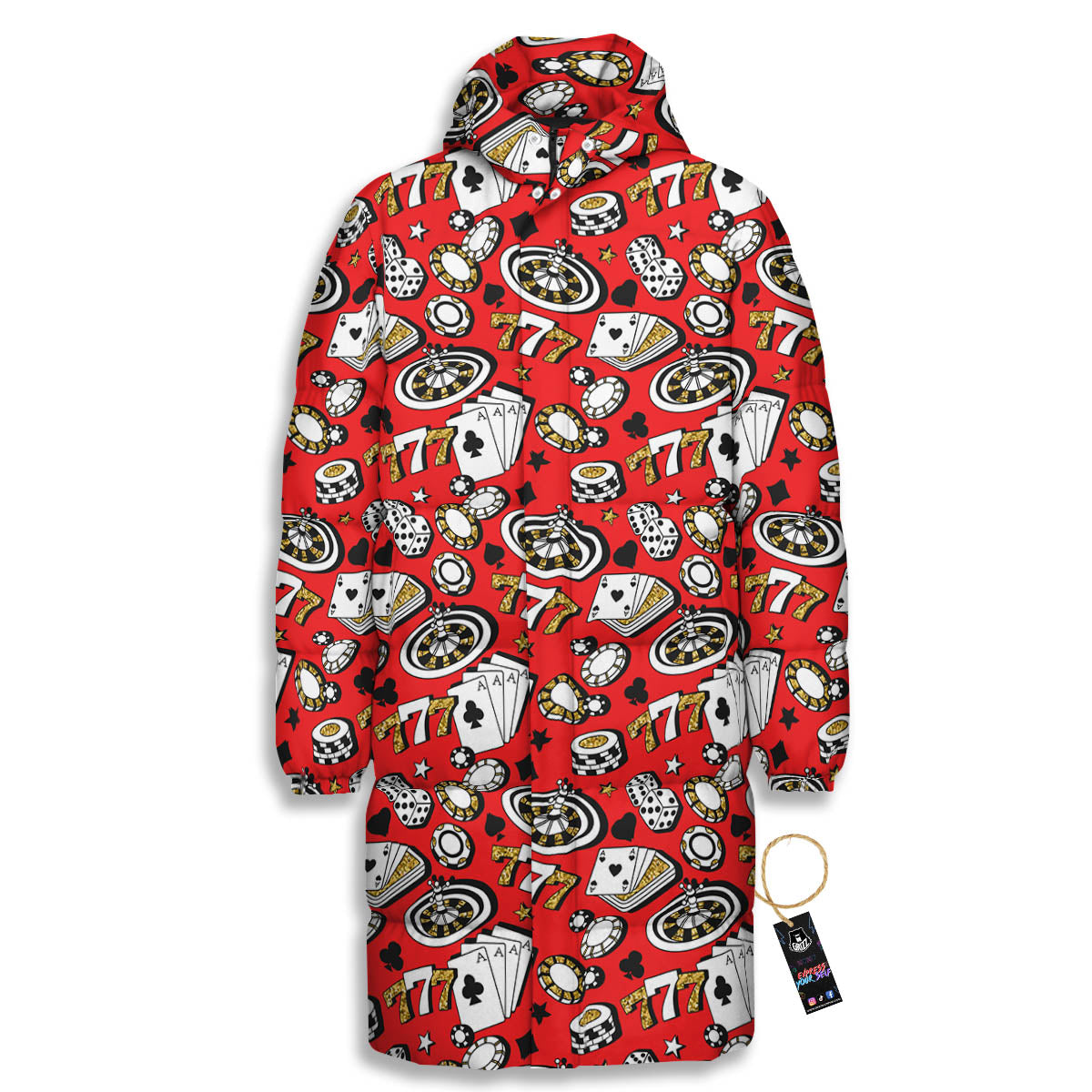 Poker Casino Print Pattern Long Down Jacket-grizzshop