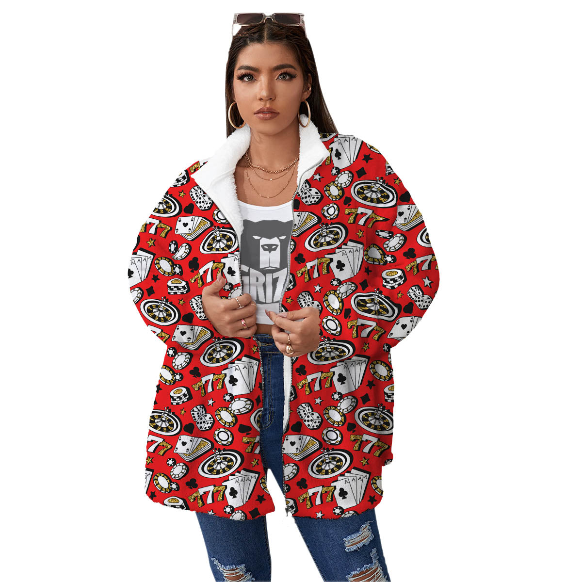 Poker Casino Print Pattern Women's Sherpa Jacket-grizzshop