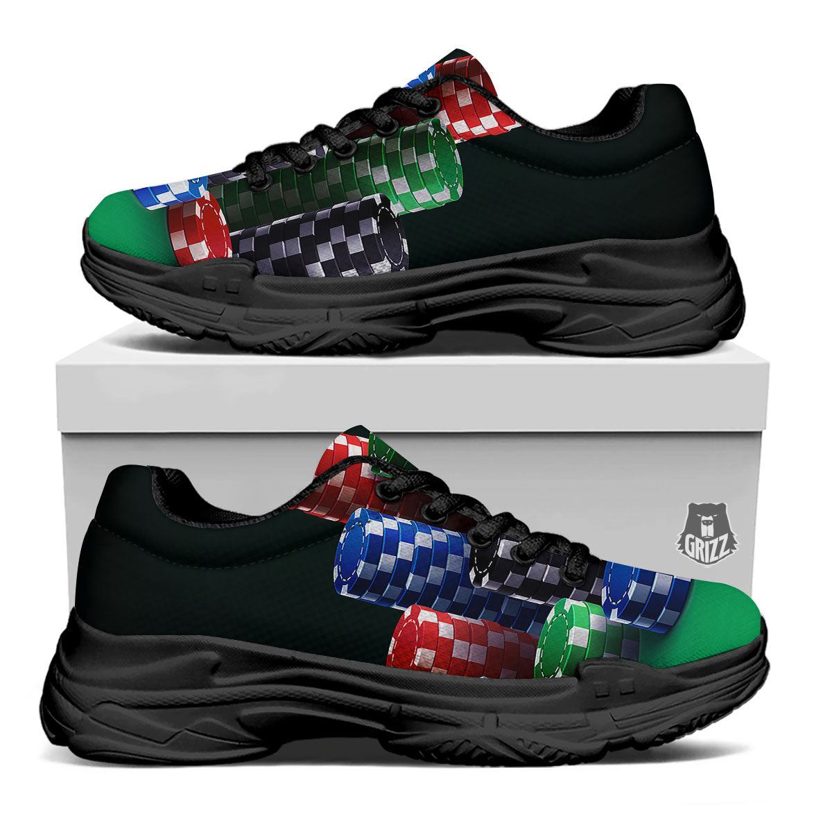 Poker Chips Print Black Chunky Shoes-grizzshop
