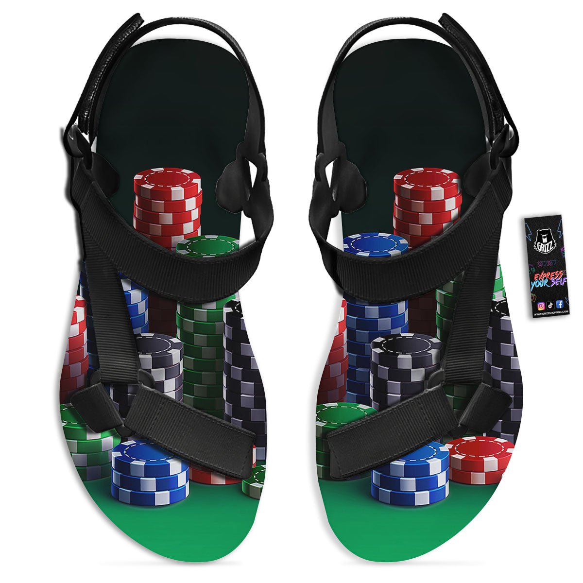 Poker Chips Print Black Open Toe Sandals-grizzshop