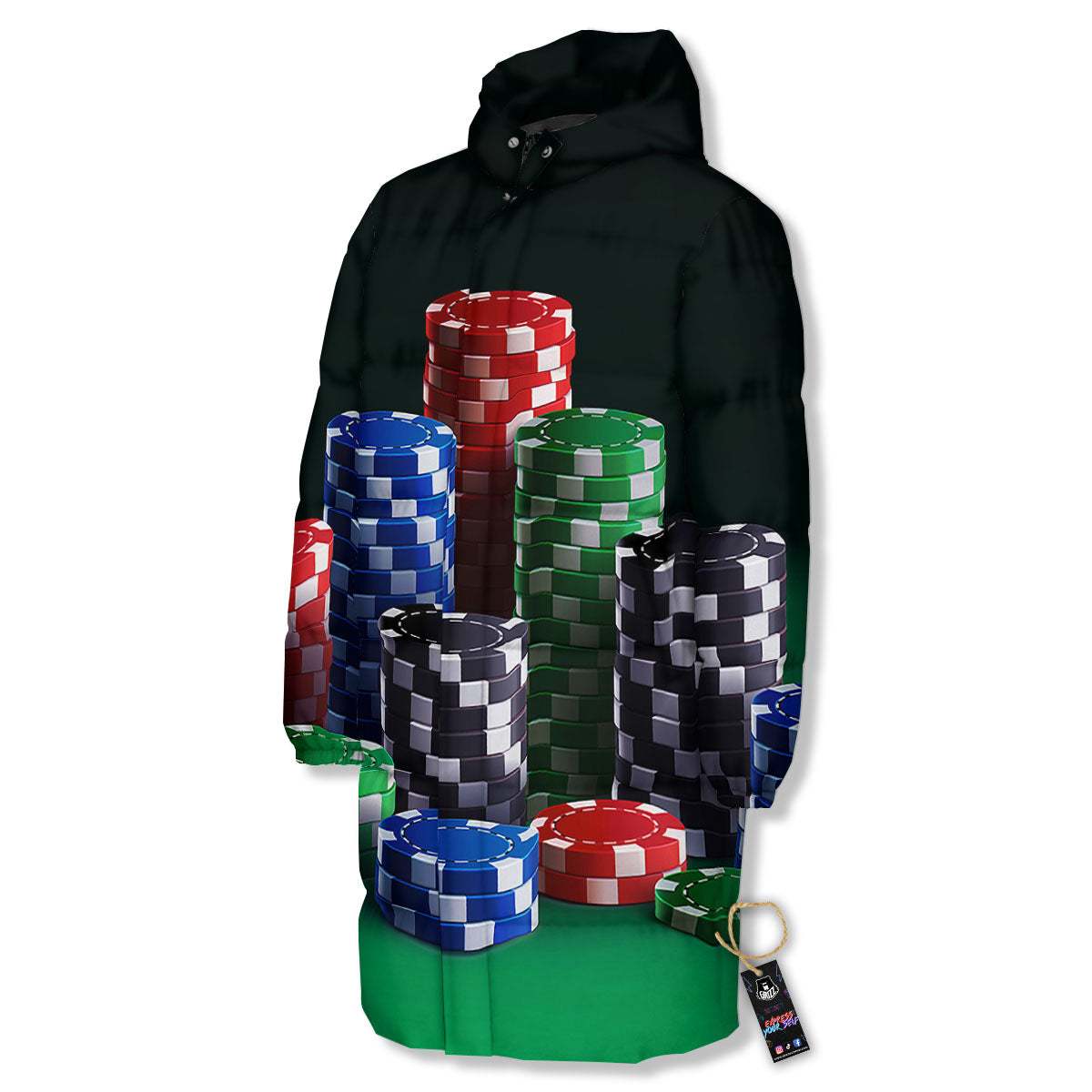 Poker Chips Print Long Down Jacket-grizzshop