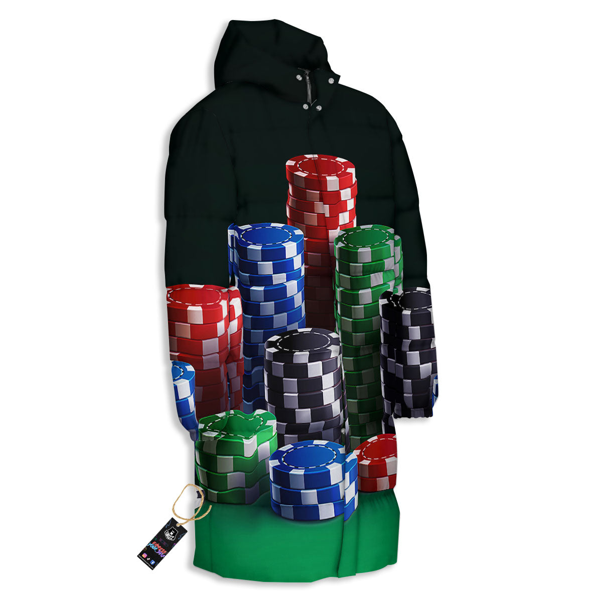 Poker Chips Print Long Down Jacket-grizzshop