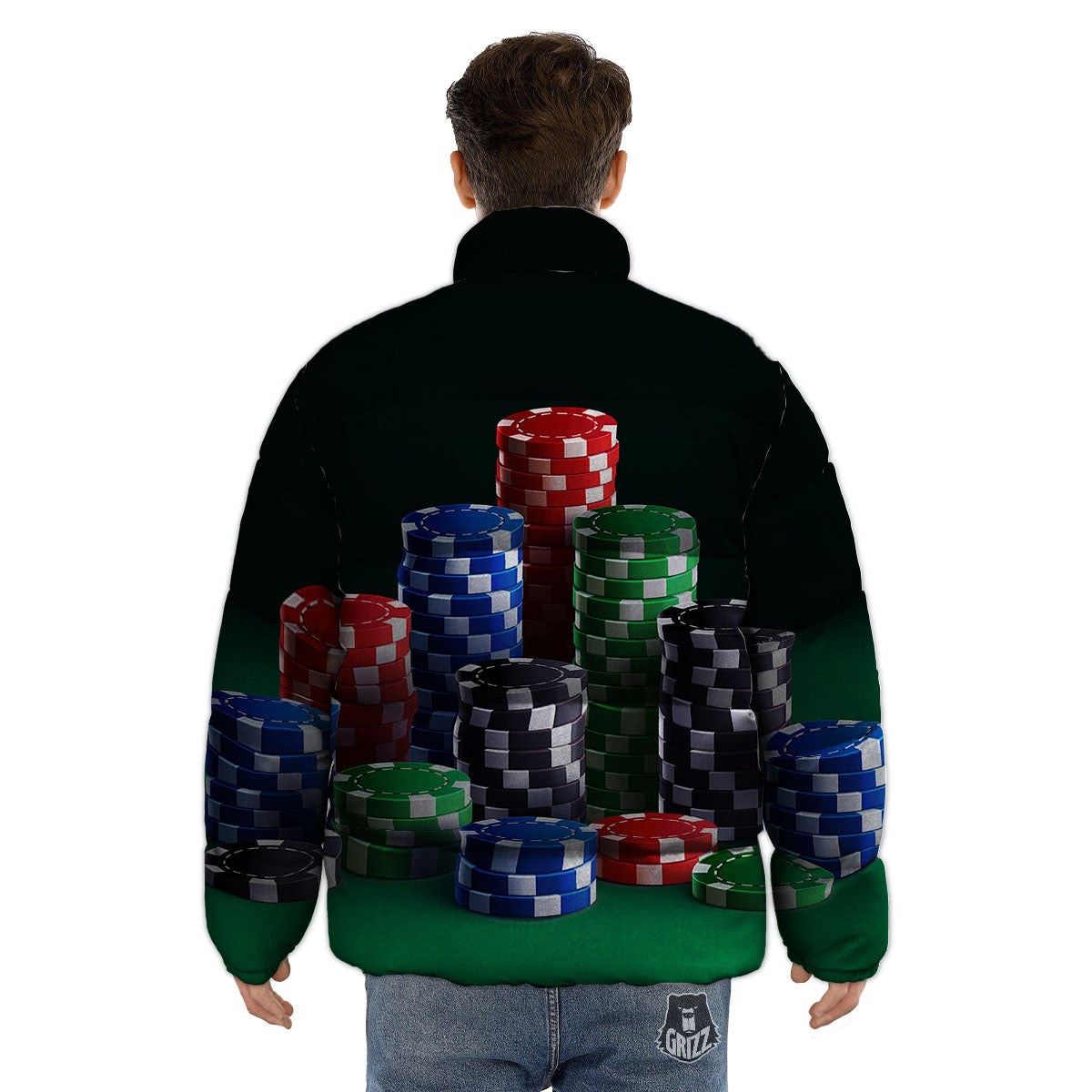 Poker Chips Print Puffer Jacket-grizzshop