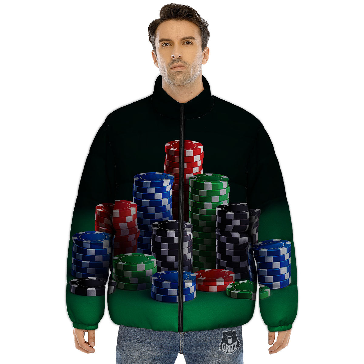 Poker Chips Print Puffer Jacket-grizzshop