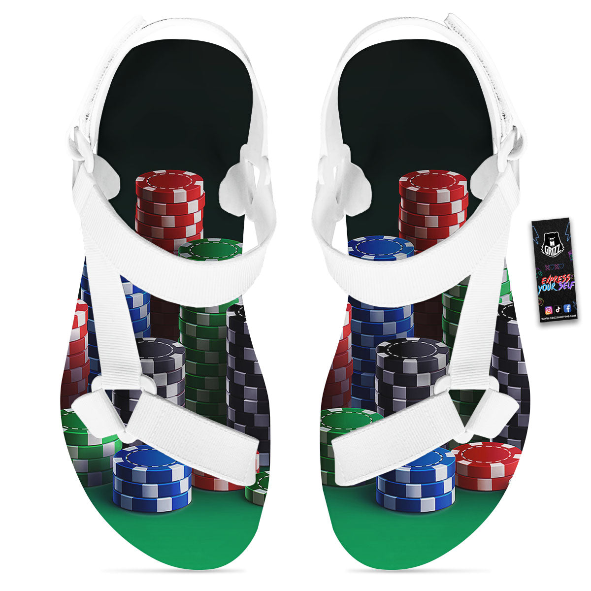 Poker Chips Print White Open Toe Sandals-grizzshop