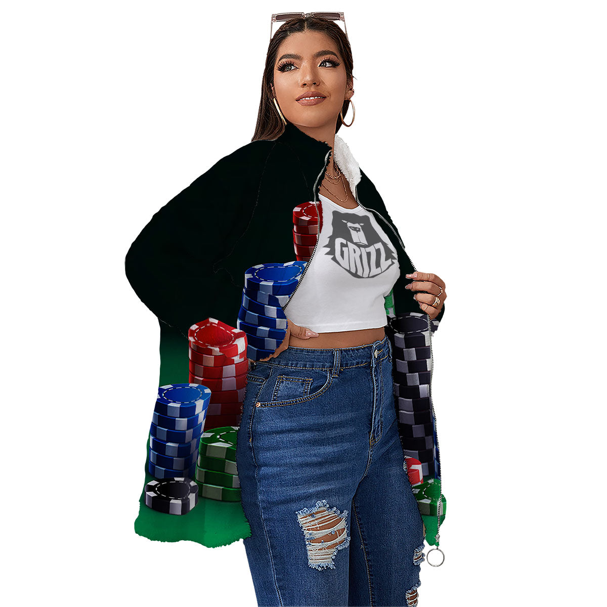 Poker Chips Print Women's Sherpa Jacket-grizzshop