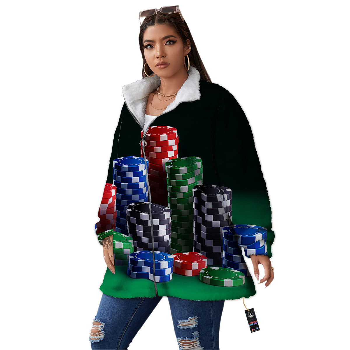 Poker Chips Print Women's Sherpa Jacket-grizzshop