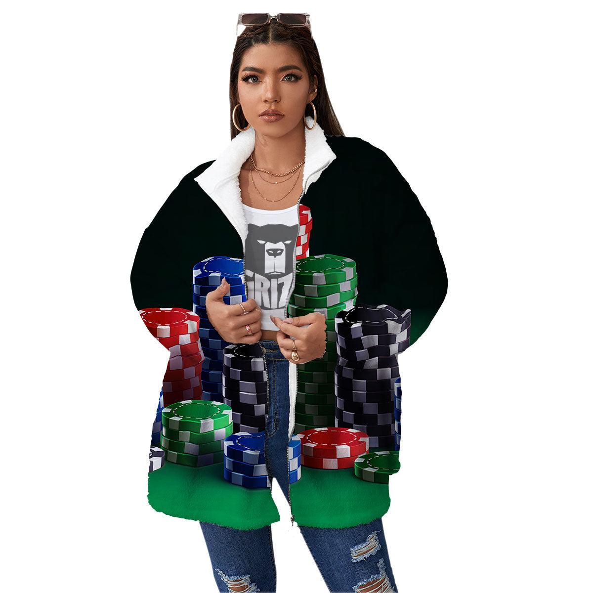 Poker Chips Print Women's Sherpa Jacket-grizzshop