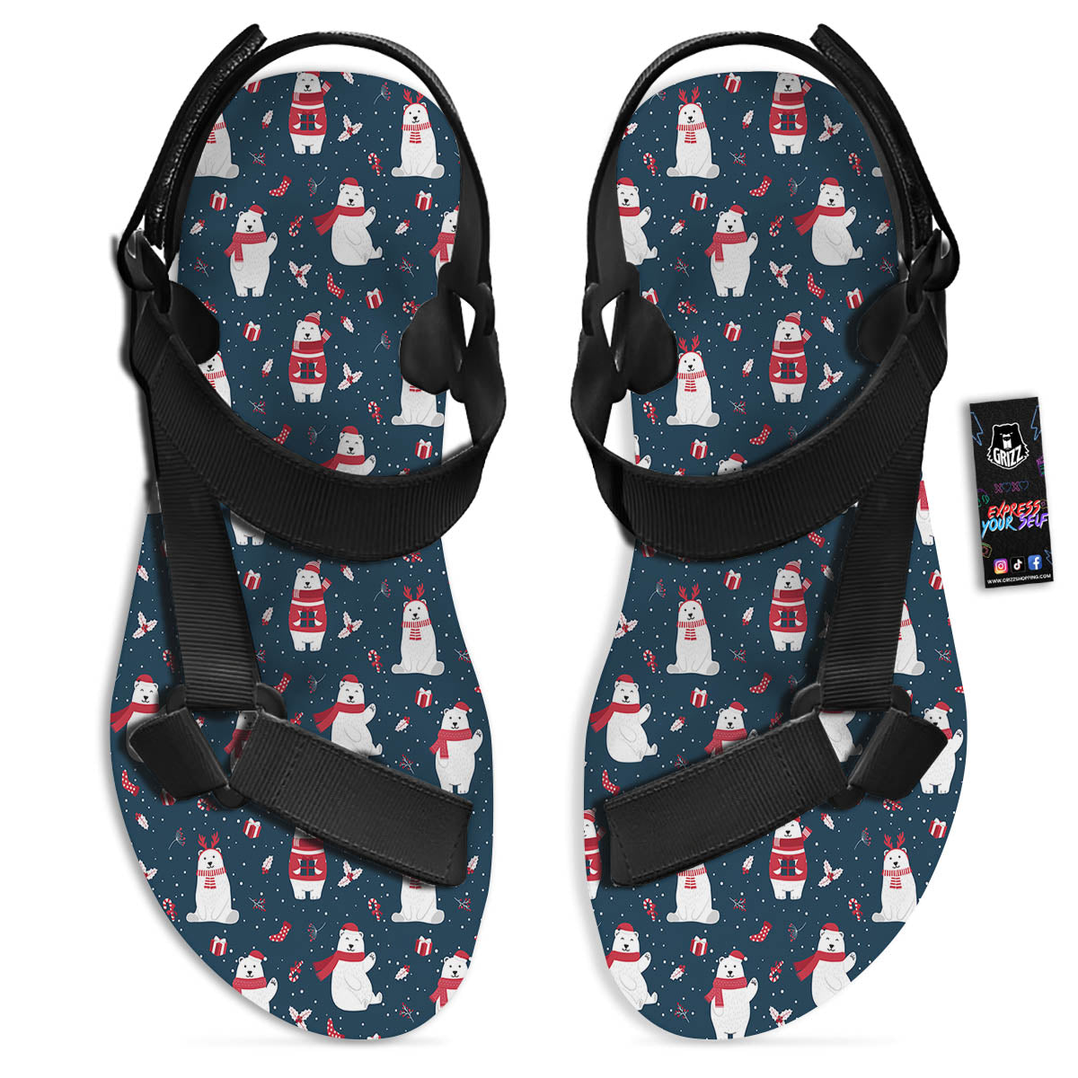 Polar Bear Christmas Print Pattern Black Open Toe Sandals-grizzshop