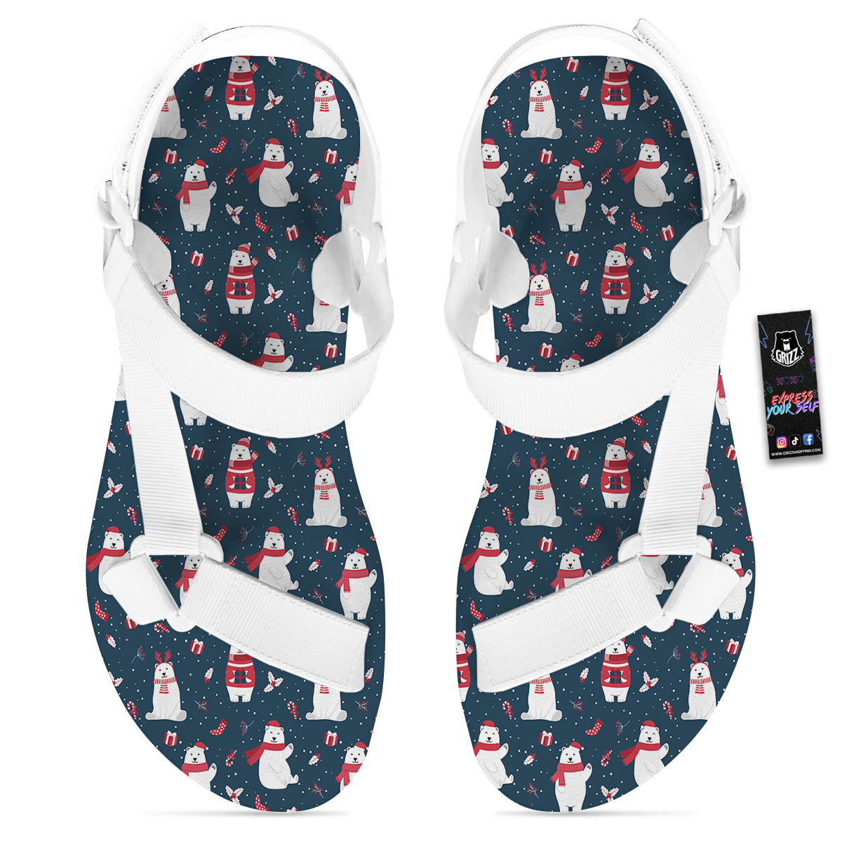Polar Bear Christmas Print Pattern White Open Toe Sandals-grizzshop