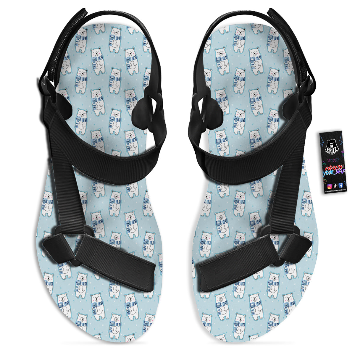 Polar Bear Cute Print Pattern Black Open Toe Sandals-grizzshop