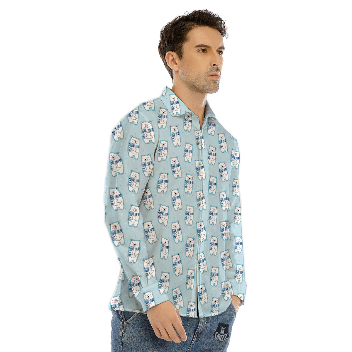 Polar Bear Cute Print Pattern Men's Dress Shirts-grizzshop
