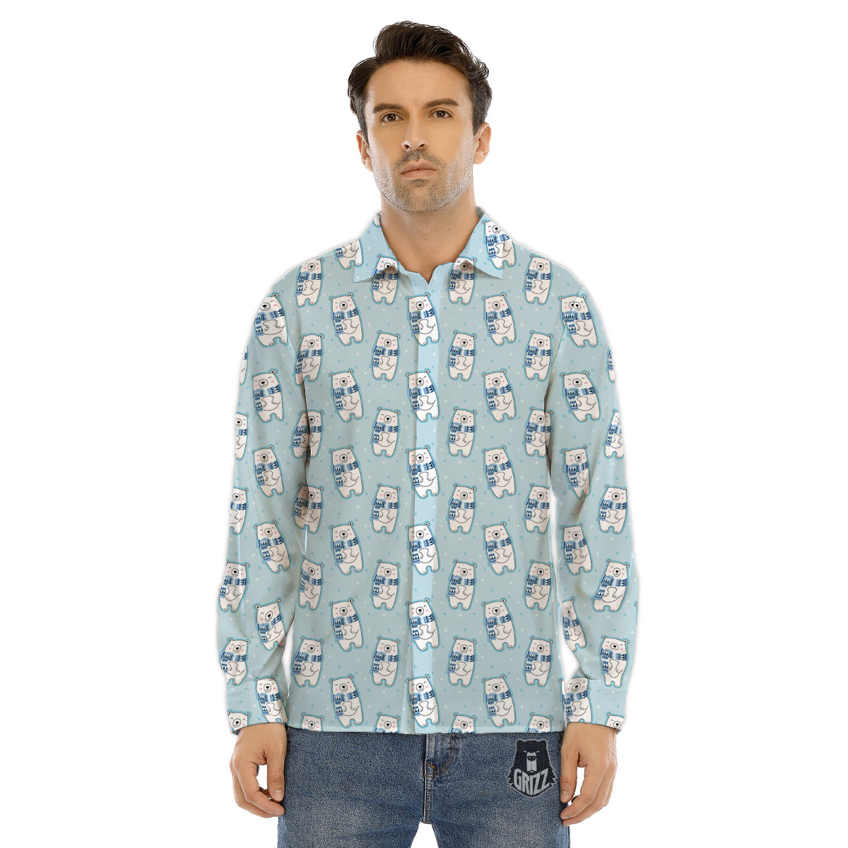 Polar Bear Cute Print Pattern Men's Dress Shirts-grizzshop