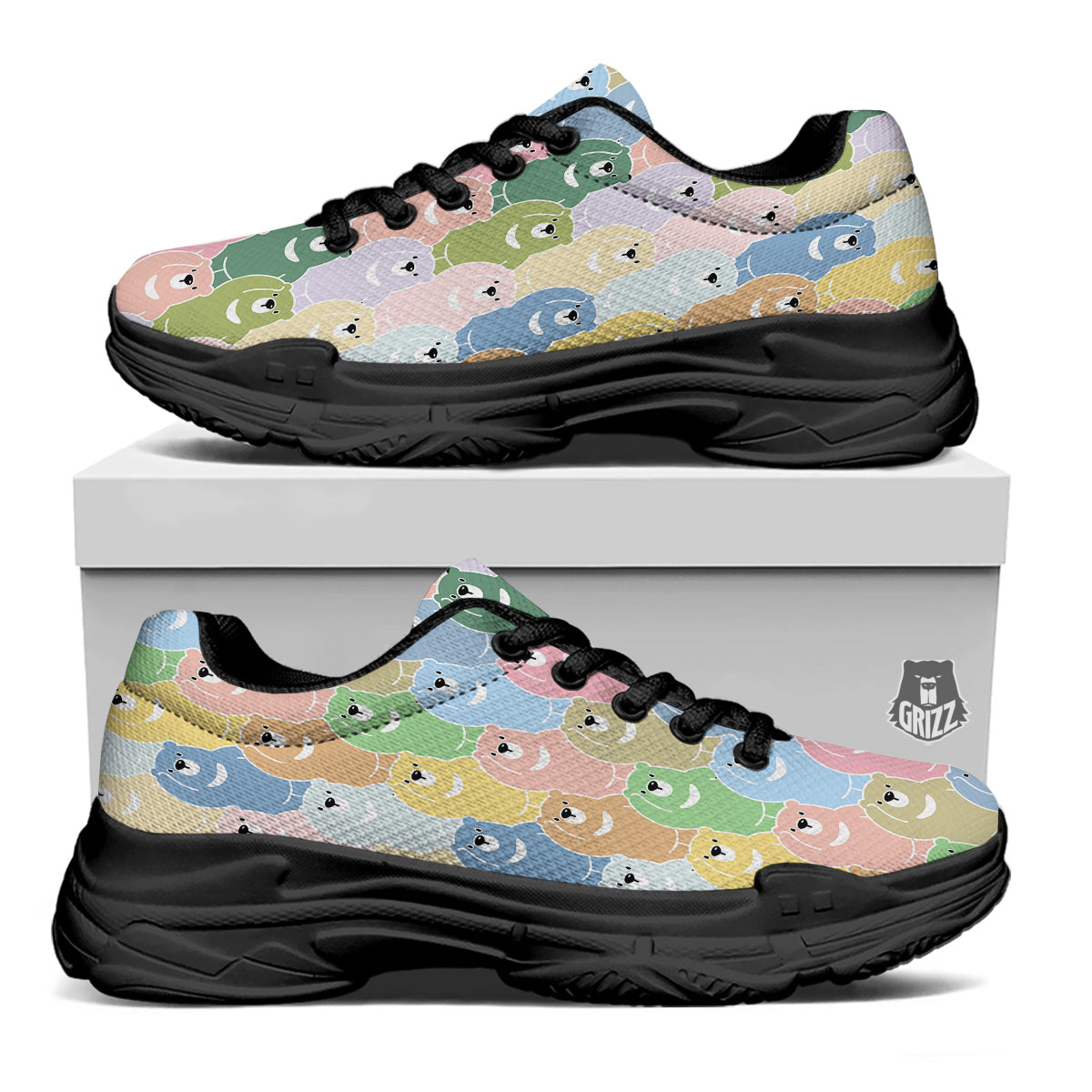 Polar Bear Pastel Print Pattern Black Chunky Shoes-grizzshop