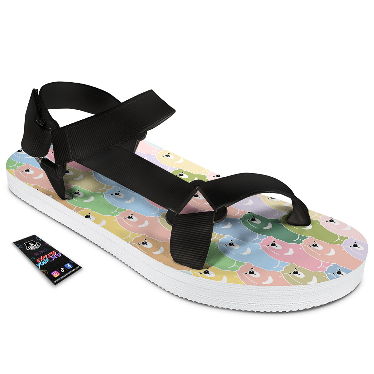 Polar Bear Pastel Print Pattern Black Open Toe Sandals-grizzshop