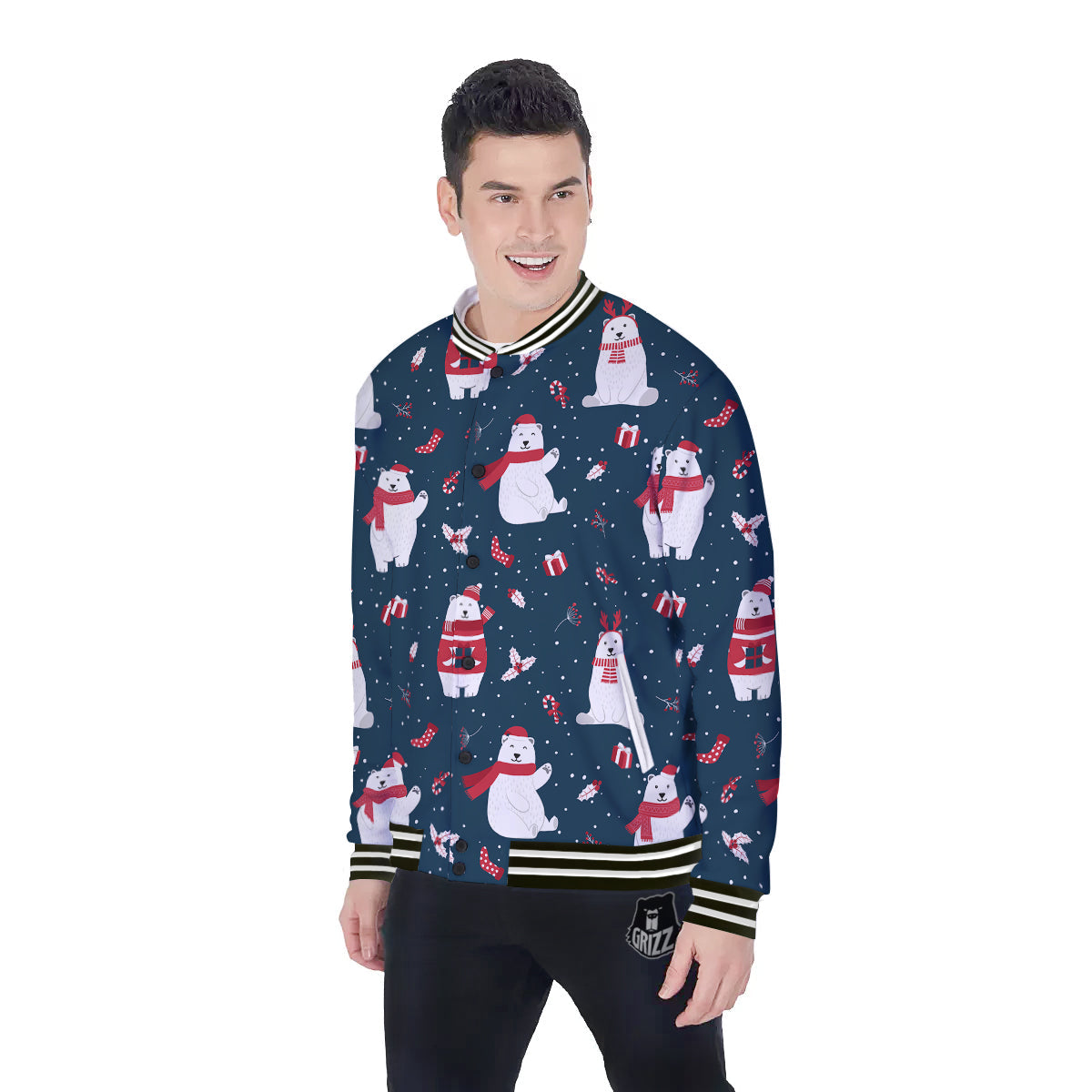 Polar Bear Xmas Print Pattern Baseball Jacket-grizzshop