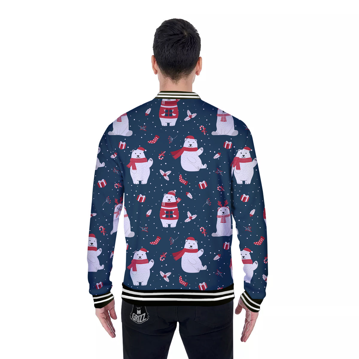 Polar Bear Xmas Print Pattern Baseball Jacket-grizzshop
