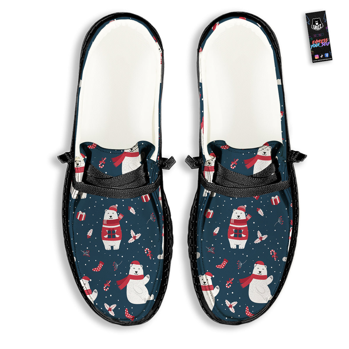 Polar Bear Xmas Print Pattern Black Loafers-grizzshop