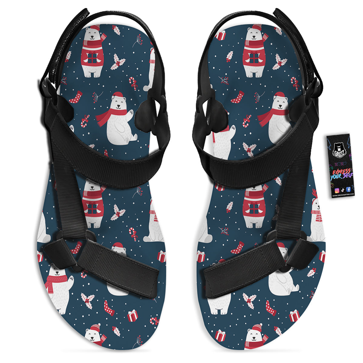 Polar Bear Xmas Print Pattern Black Open Toe Sandals-grizzshop