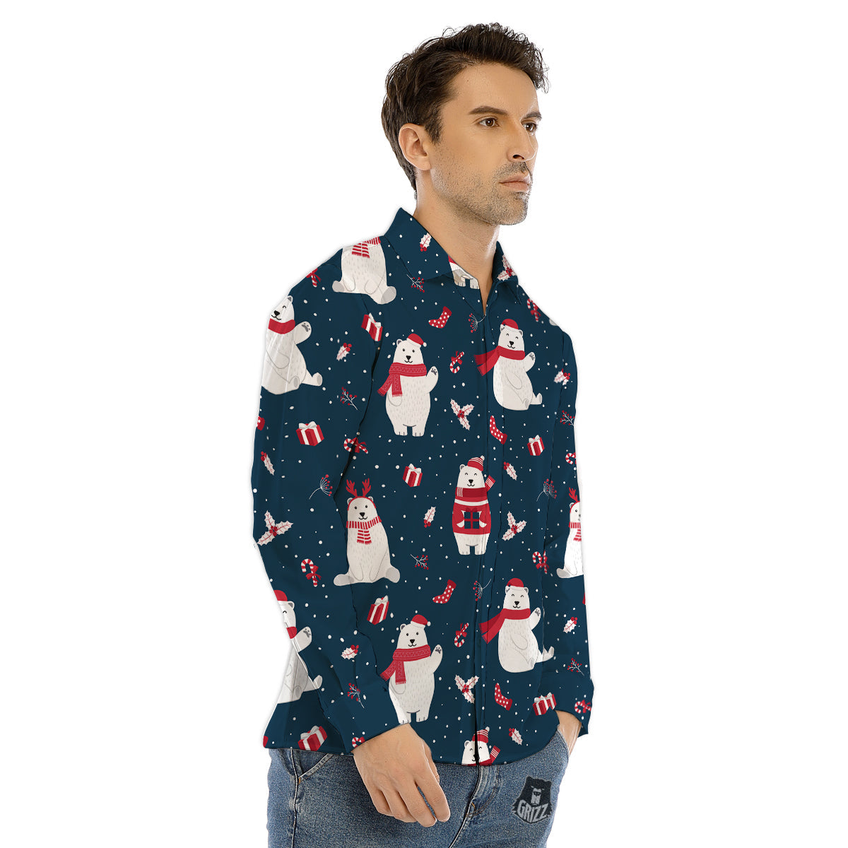 Polar Bear Xmas Print Pattern Men's Dress Shirts-grizzshop
