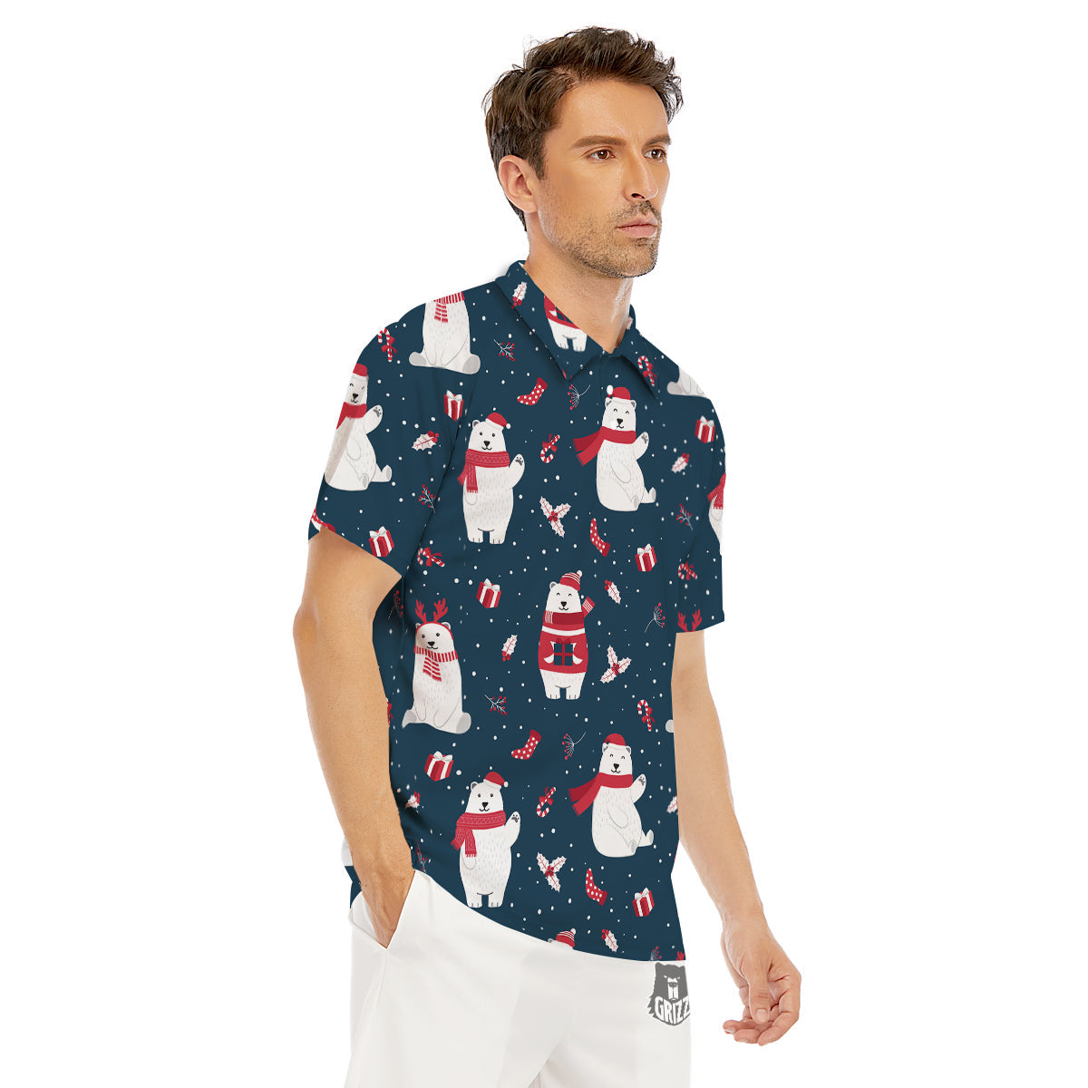 Polar Bear Xmas Print Pattern Men's Golf Shirts-grizzshop