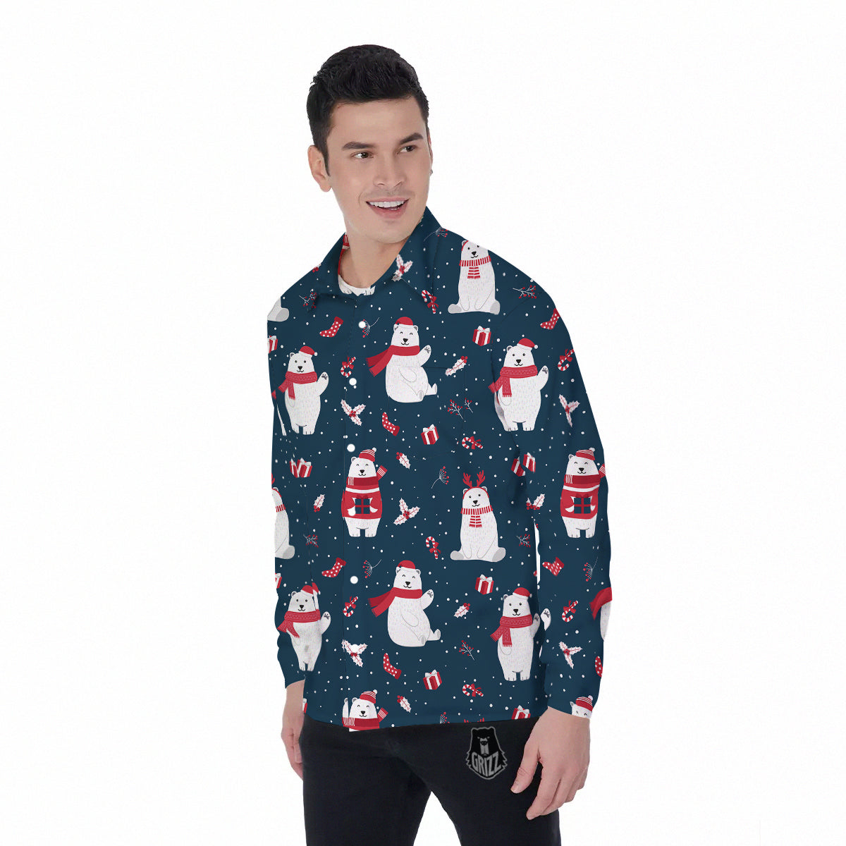 Polar Bear Xmas Print Pattern Men's Long Sleeve Shirts-grizzshop