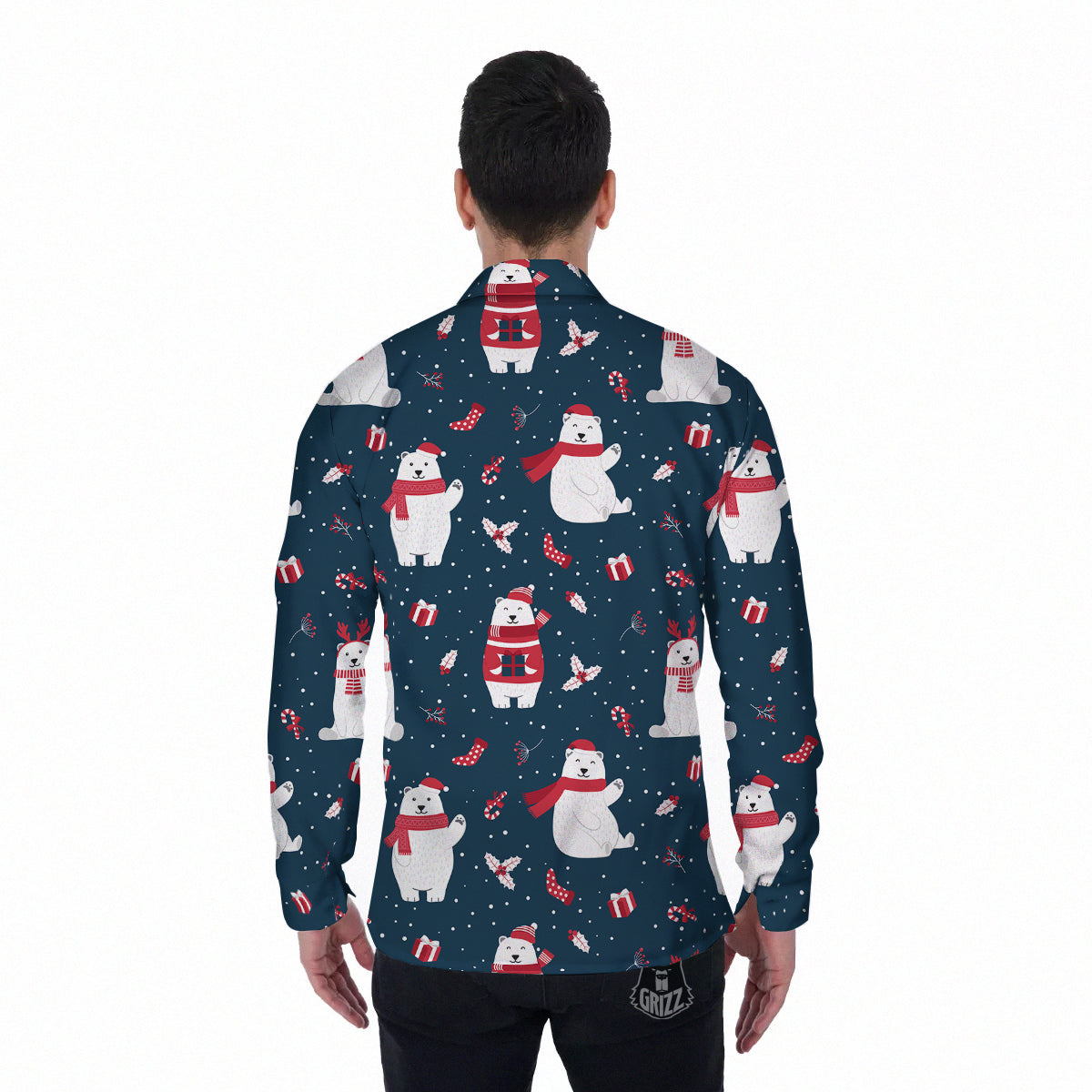 Polar Bear Xmas Print Pattern Men's Long Sleeve Shirts-grizzshop