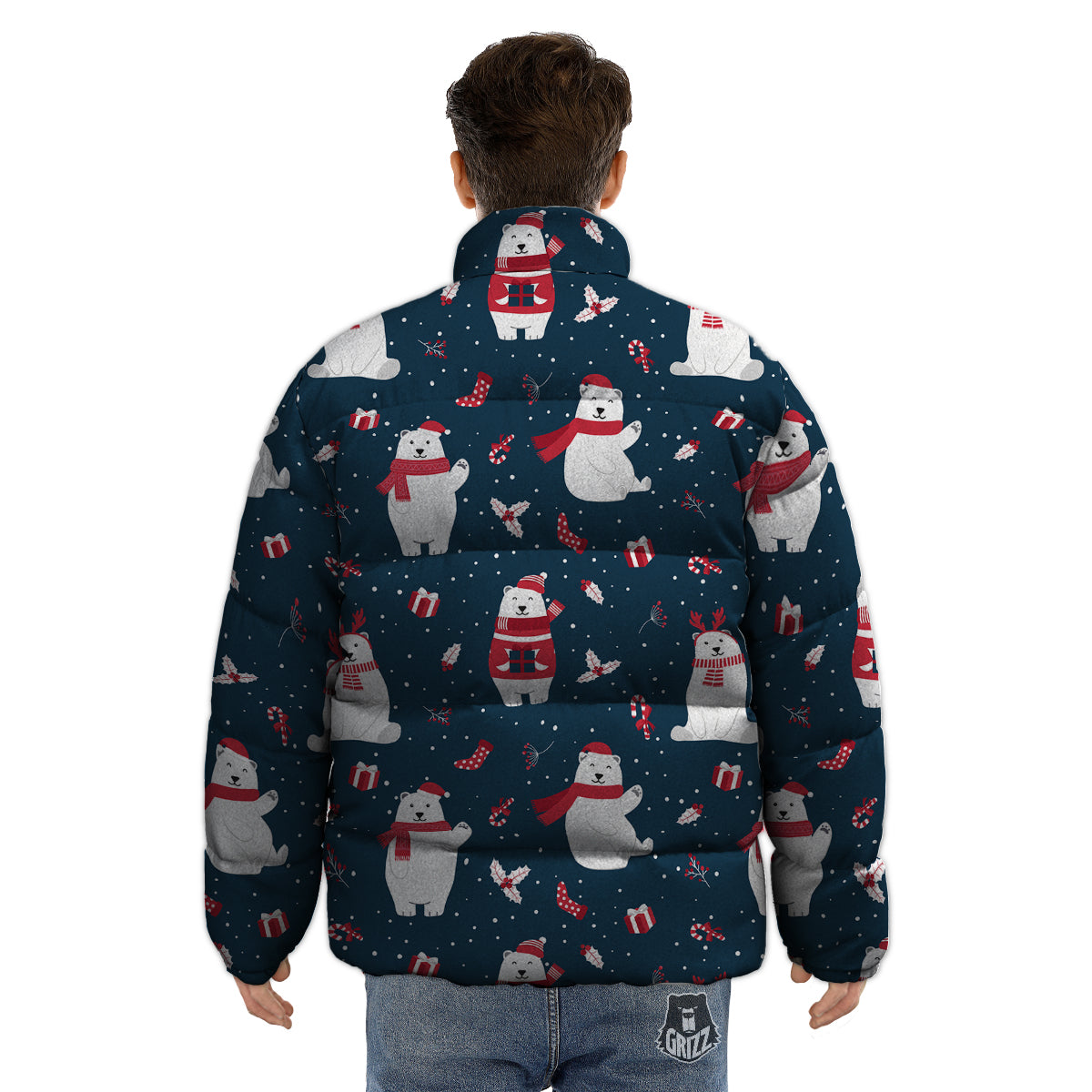 Polar Bear Xmas Print Pattern Puffer Jacket-grizzshop
