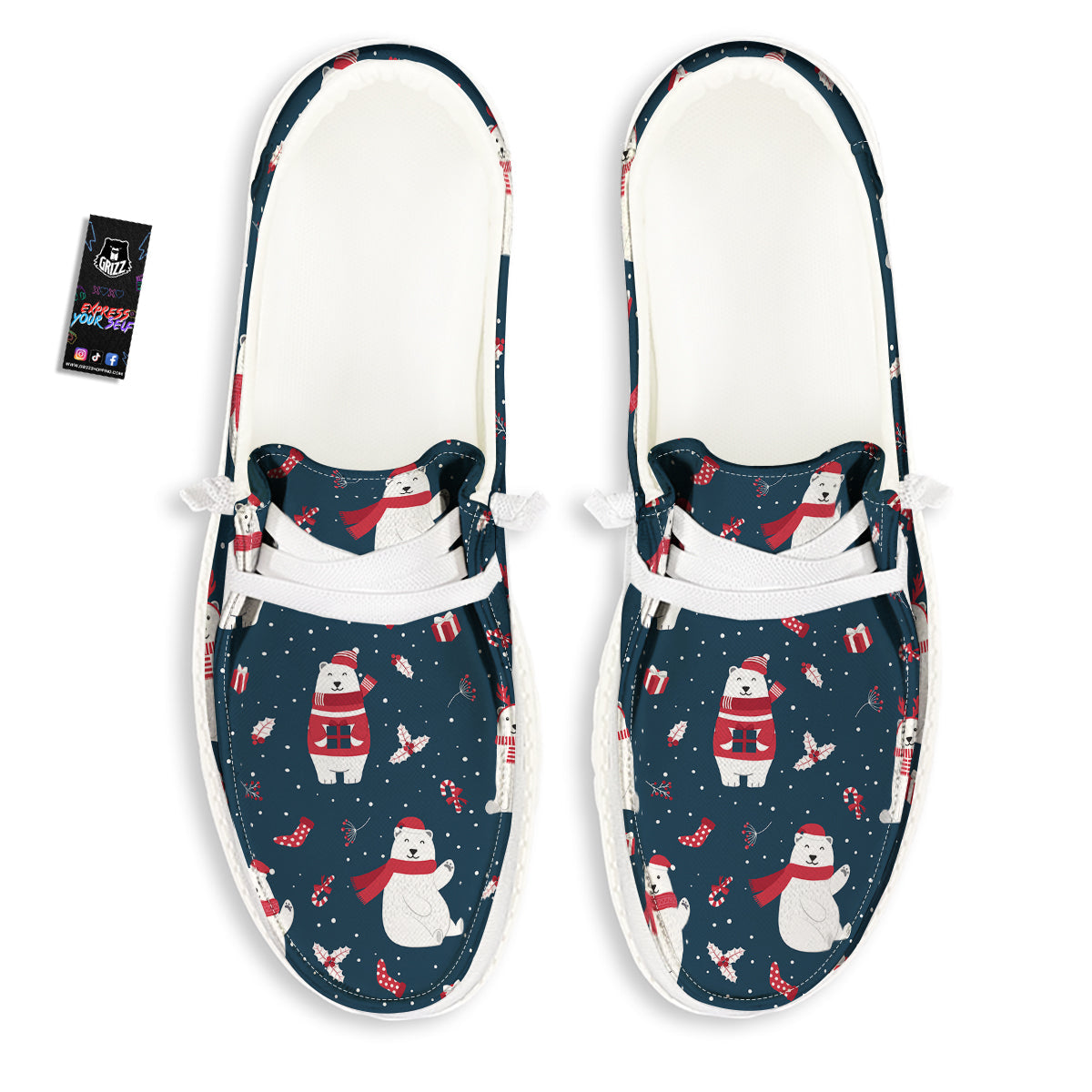 Polar Bear Xmas Print Pattern White Loafers-grizzshop