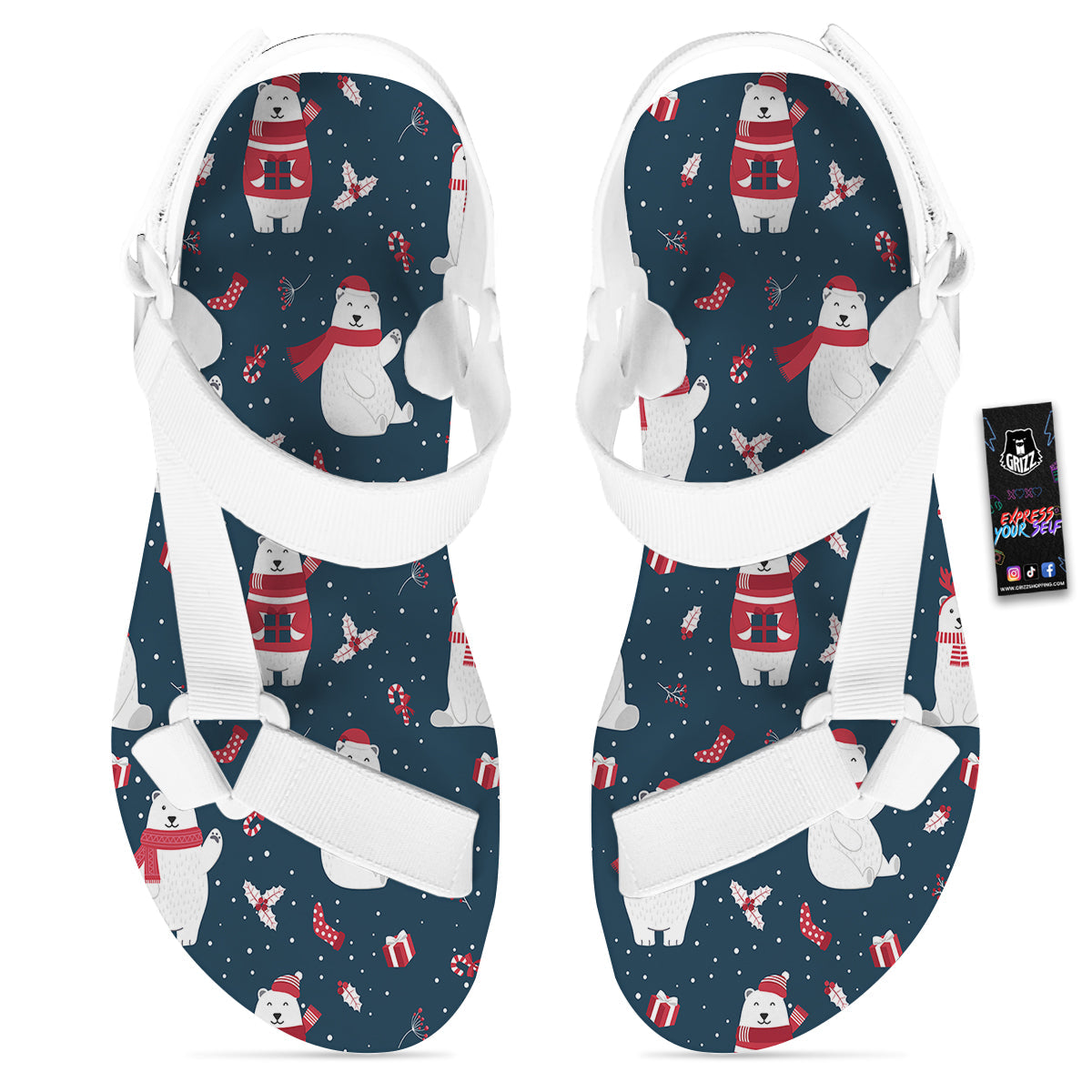 Polar Bear Xmas Print Pattern White Open Toe Sandals-grizzshop