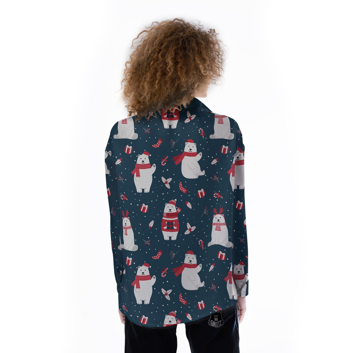 Polar Bear Xmas Print Pattern Women's Long Sleeve Shirts-grizzshop