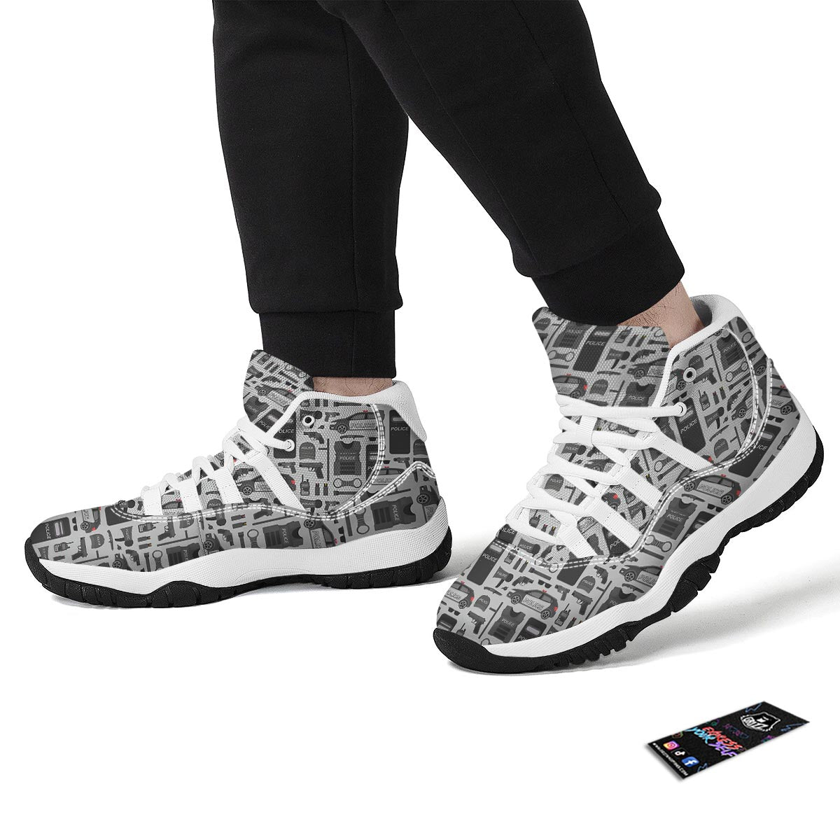 Police Print Pattern White Bball Shoes-grizzshop