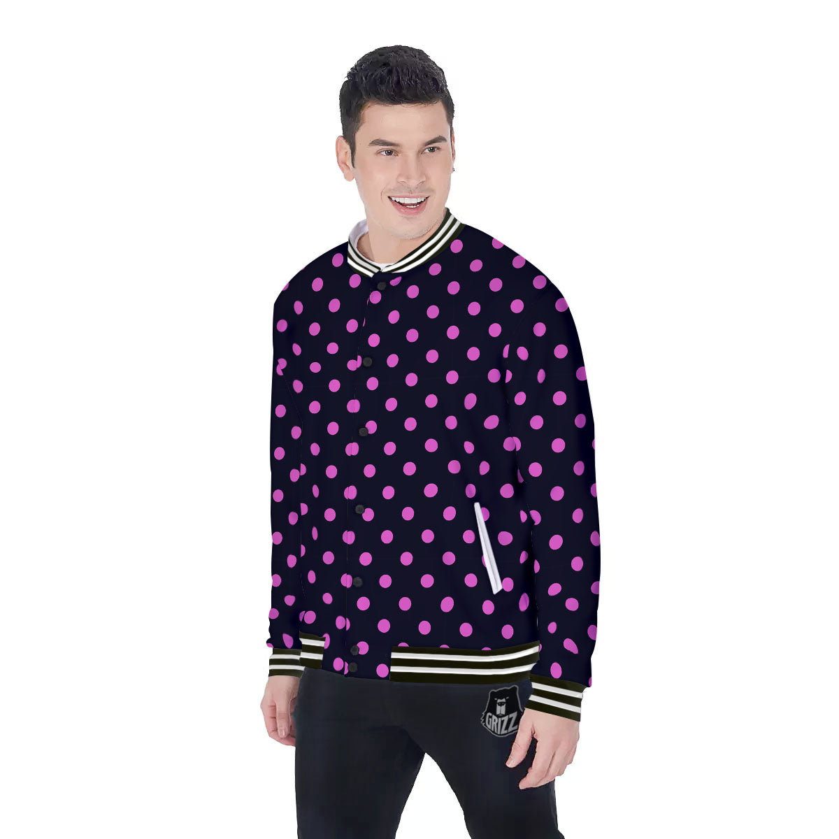 Polka Dot Black And Pink Print Pattern Baseball Jacket-grizzshop