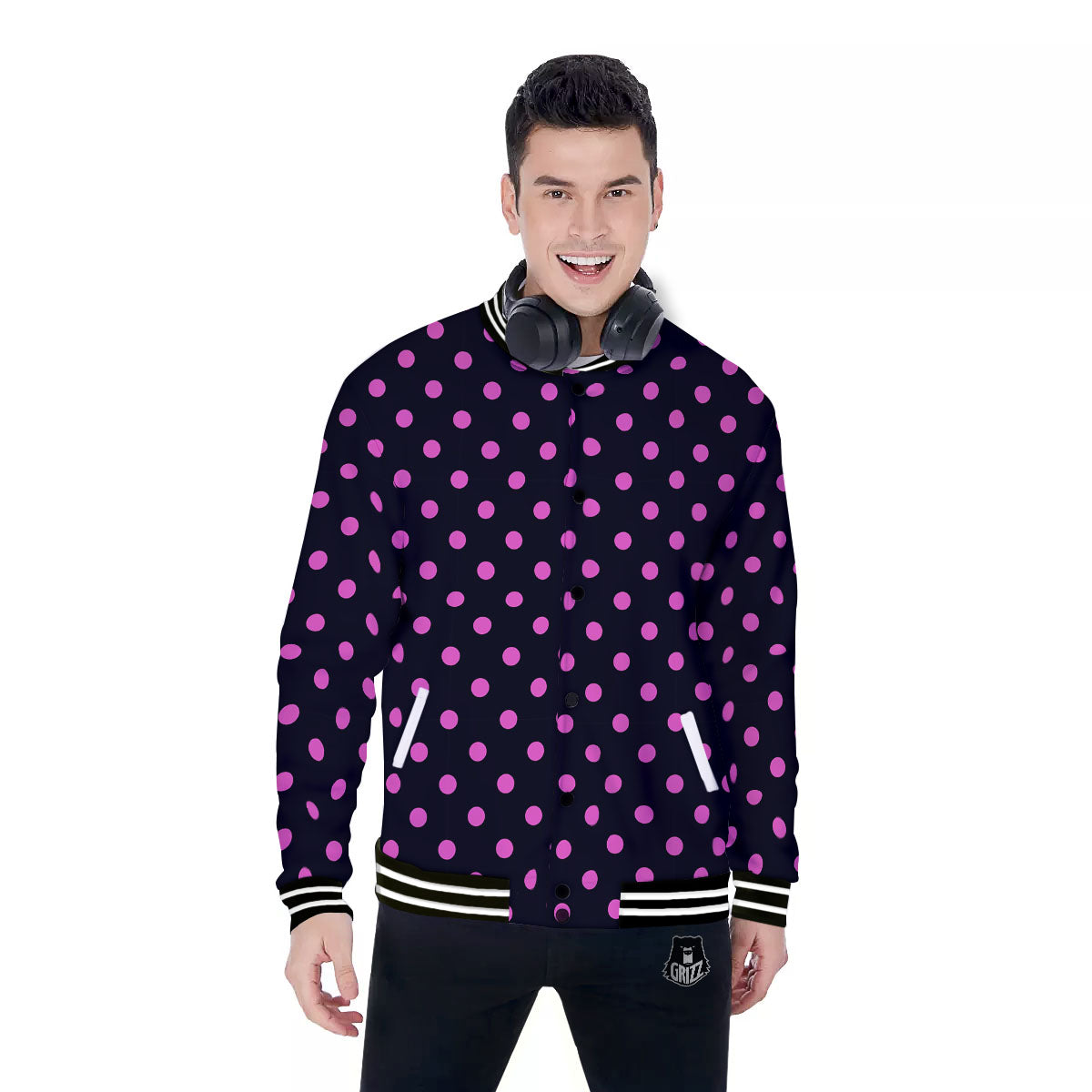 Polka Dot Black And Pink Print Pattern Baseball Jacket-grizzshop