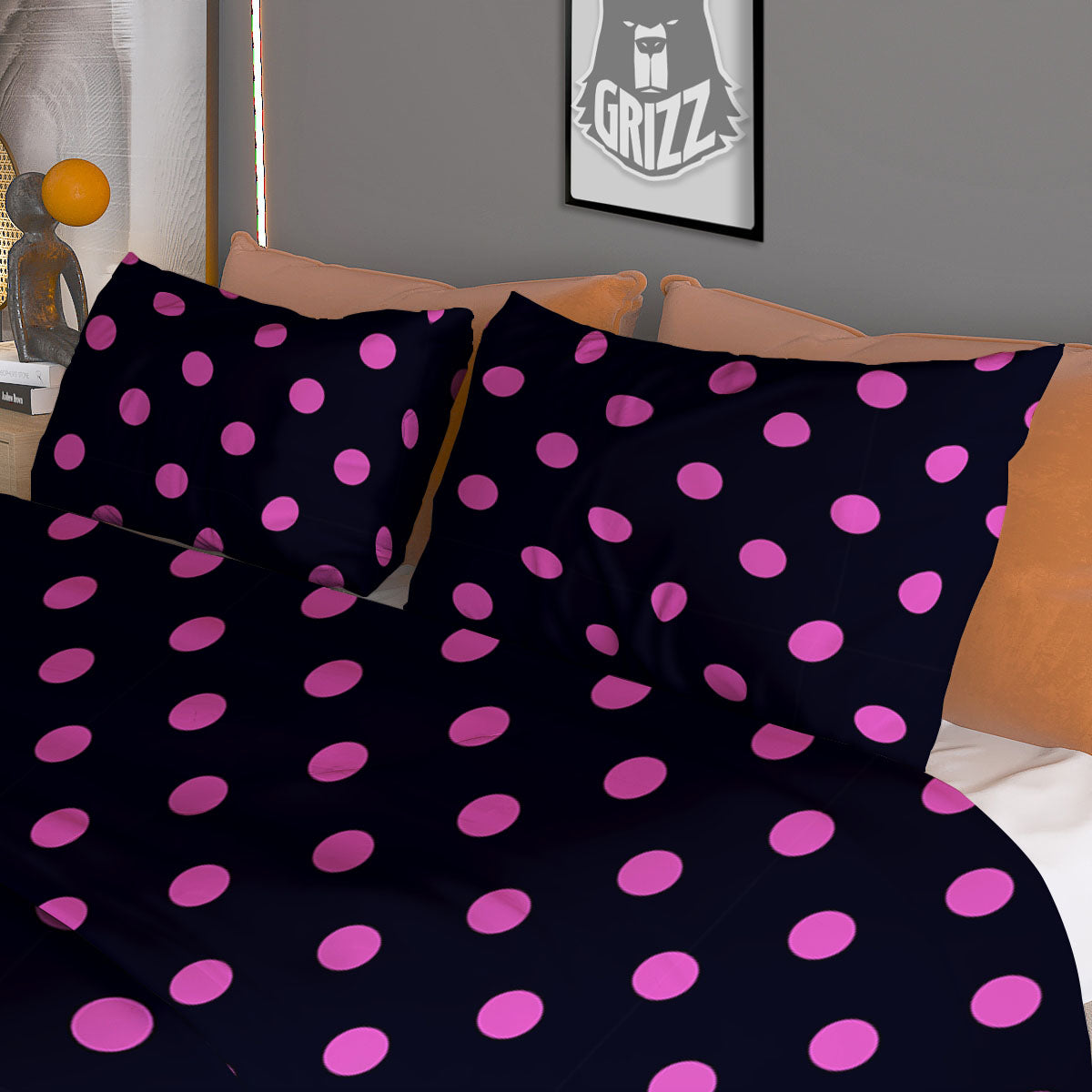 Polka Dot Black And Pink Print Pattern Duvet Cover Bedding Set