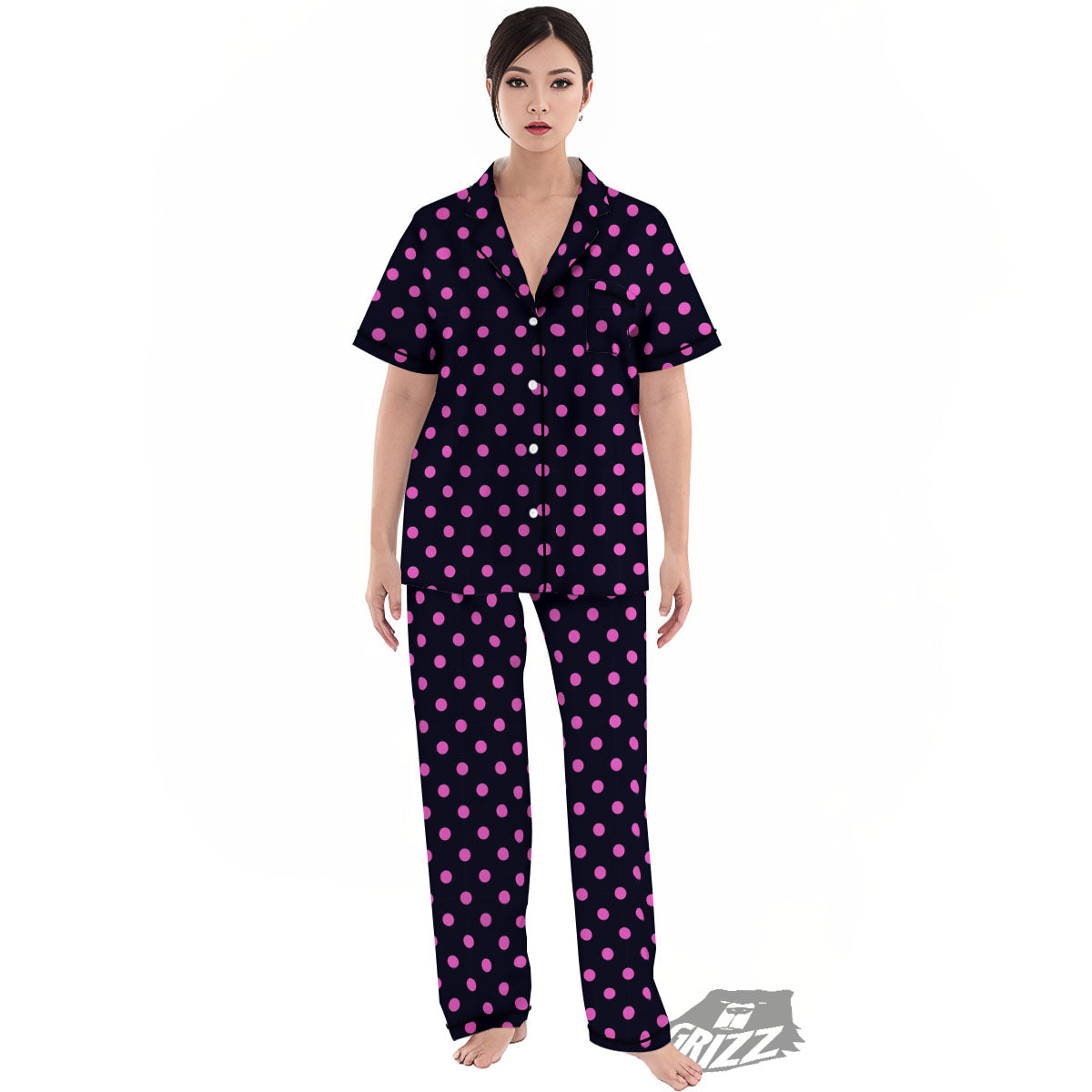 Polka Dot Black And Pink Print Pattern Women's Pajamas Set-grizzshop