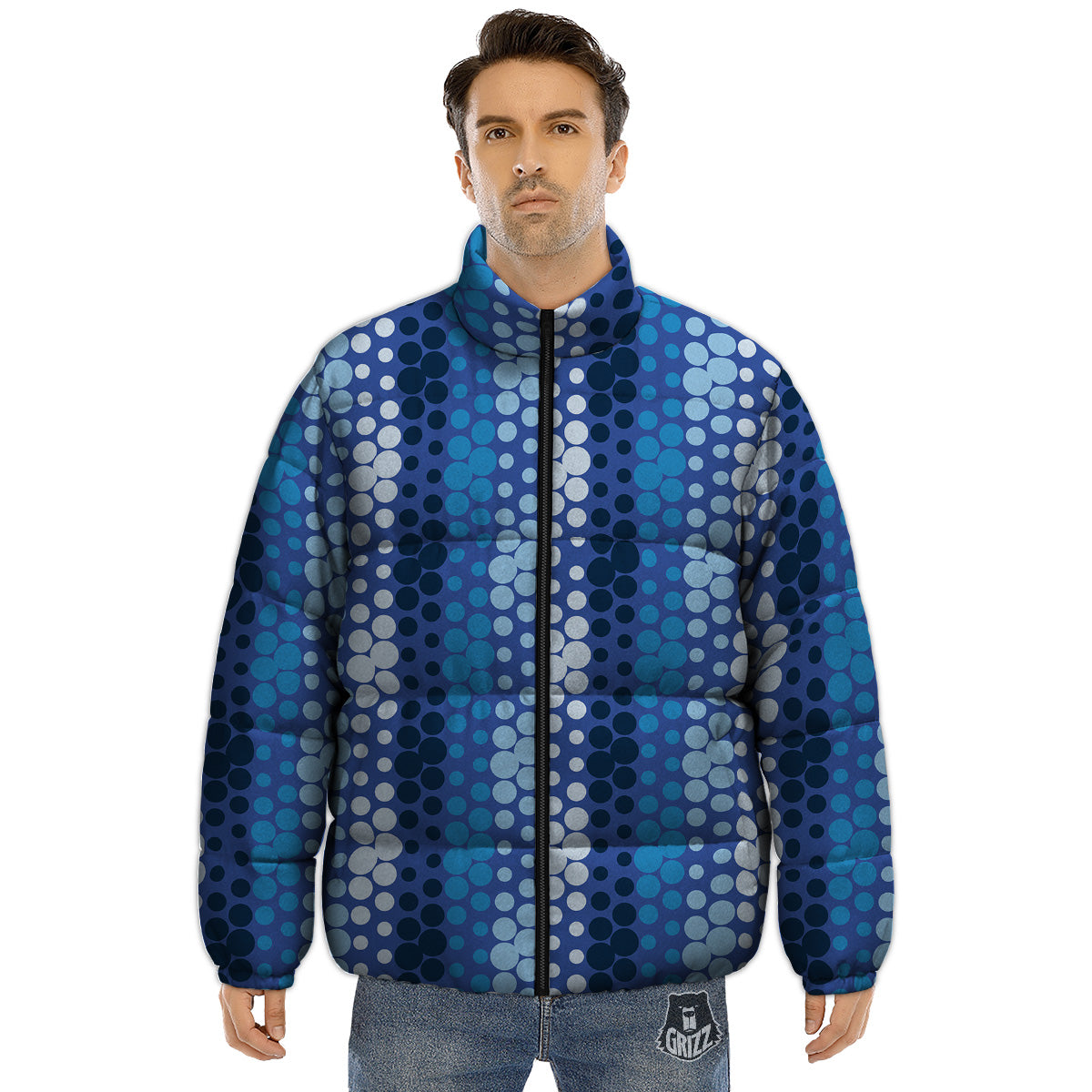 Polka Dot Blue Striped Print Pattern Puffer Jacket-grizzshop