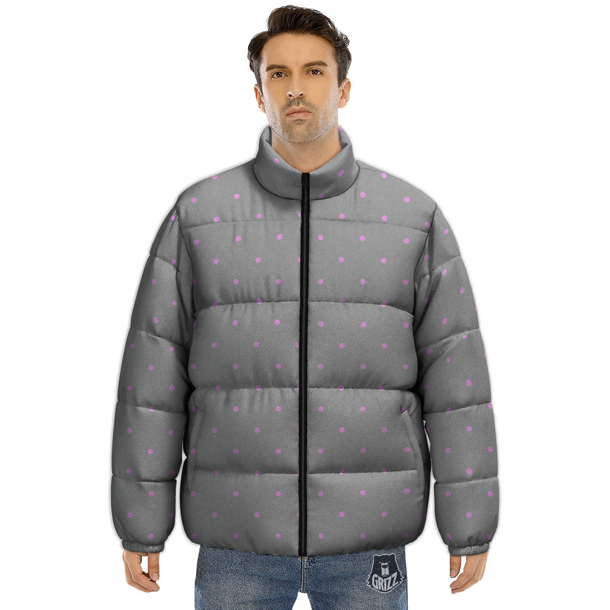 Polka Dot Grey And Pink Dot Print Pattern Puffer Jacket-grizzshop
