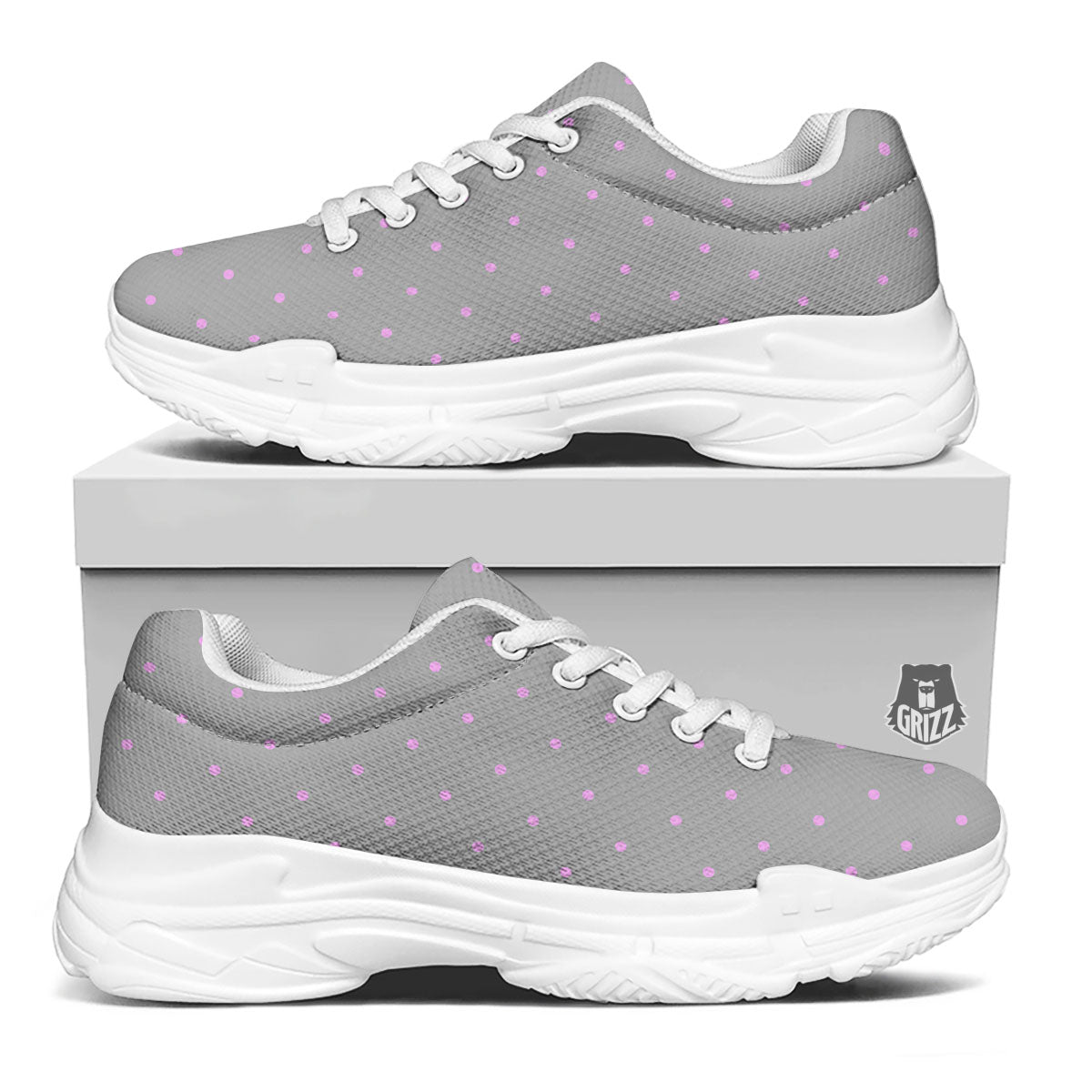 Polka Dot Grey And Pink Dot Print Pattern White Chunky Shoes-grizzshop
