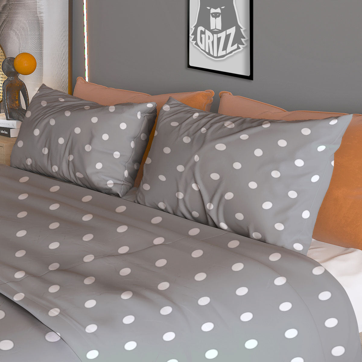 Polka Dot Grey And White Print Pattern Duvet Cover Bedding Set