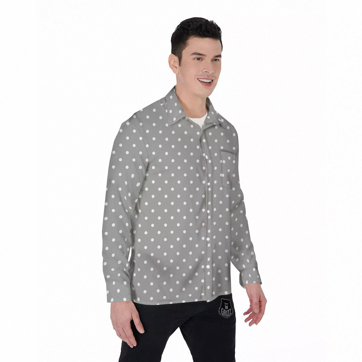 Polka Dot Grey And White Print Pattern Men's Long Sleeve Shirts-grizzshop