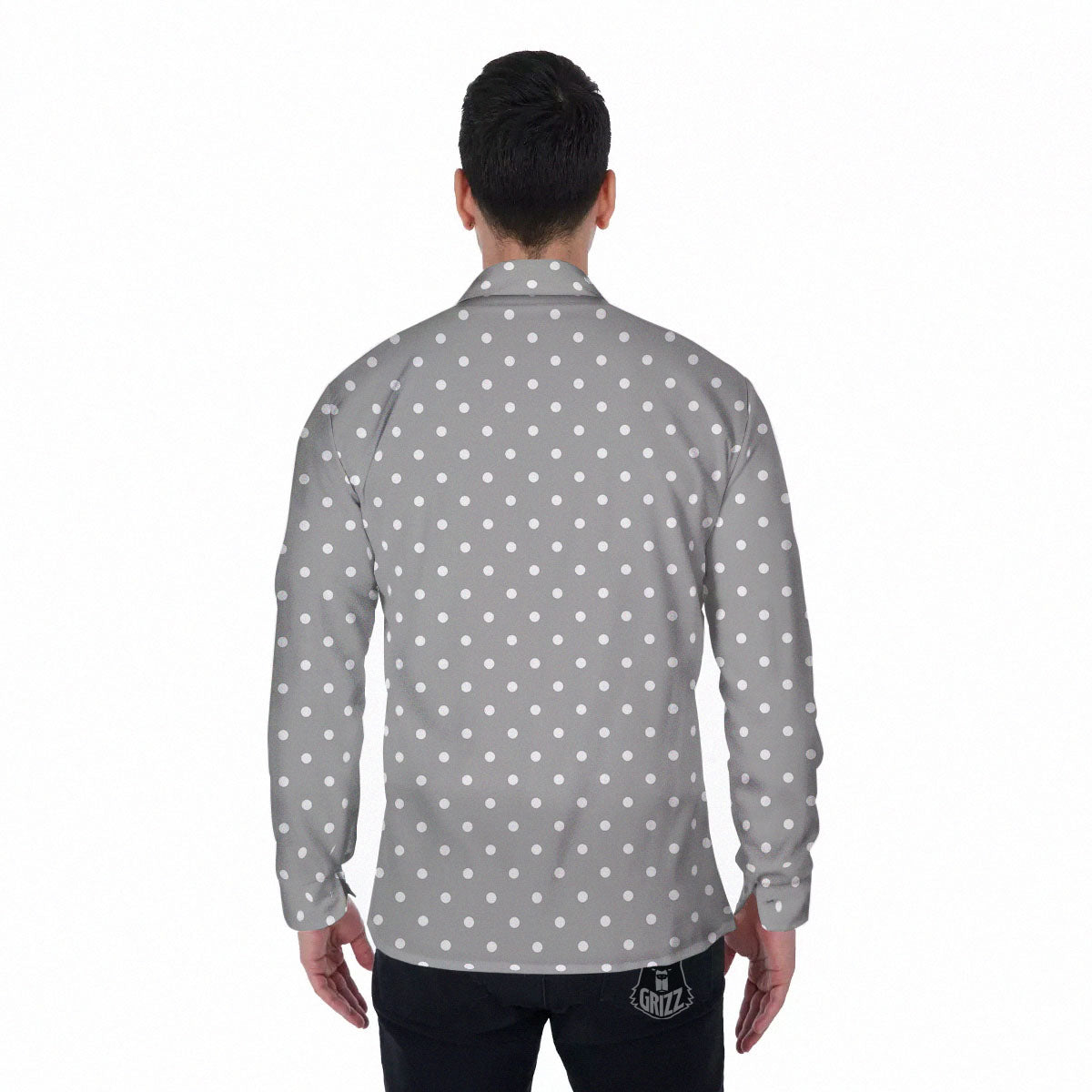 Polka Dot Grey And White Print Pattern Men's Long Sleeve Shirts-grizzshop