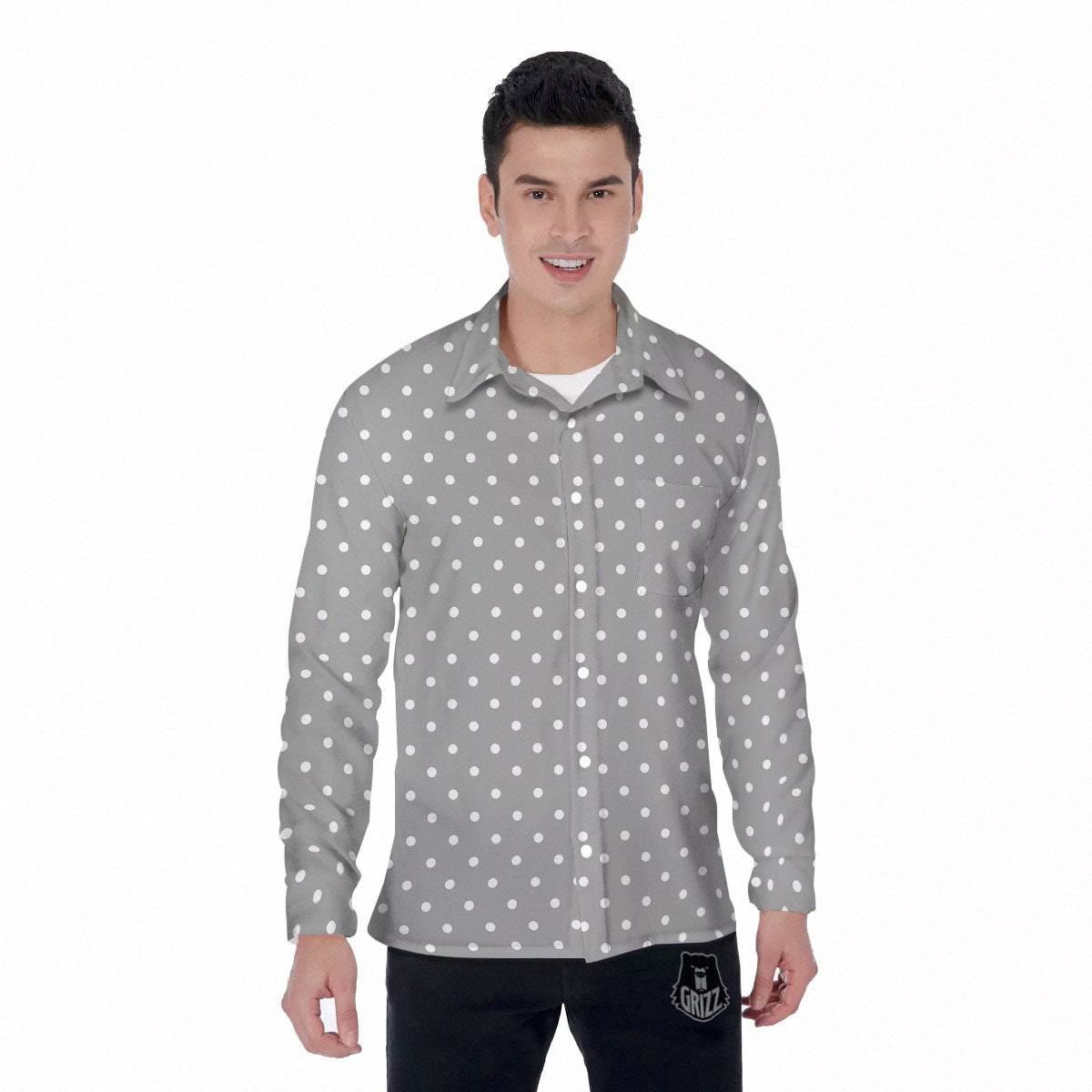 Polka Dot Grey And White Print Pattern Men's Long Sleeve Shirts-grizzshop