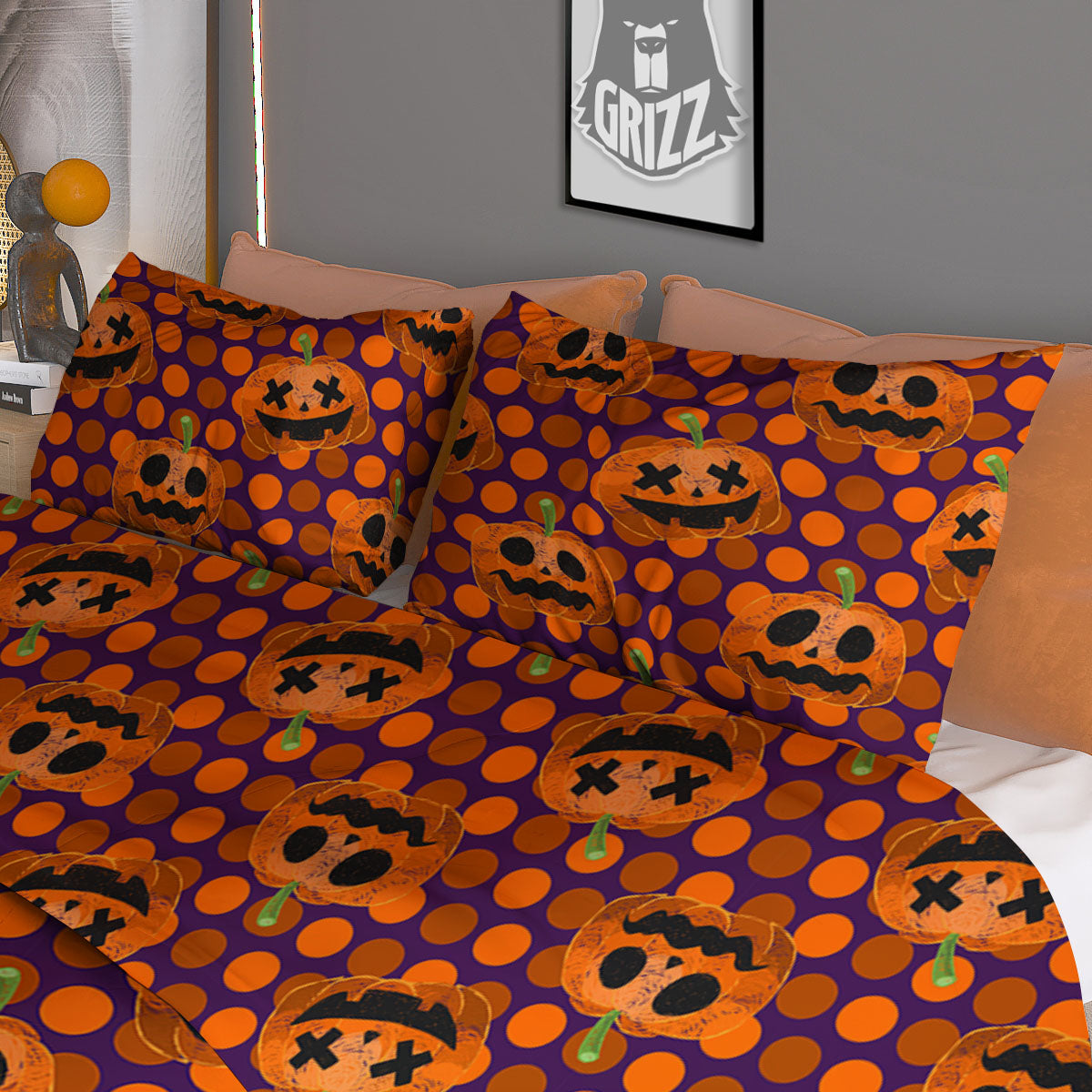 Polka Dot Halloween Pumkin Print Pattern Duvet Cover Bedding Set